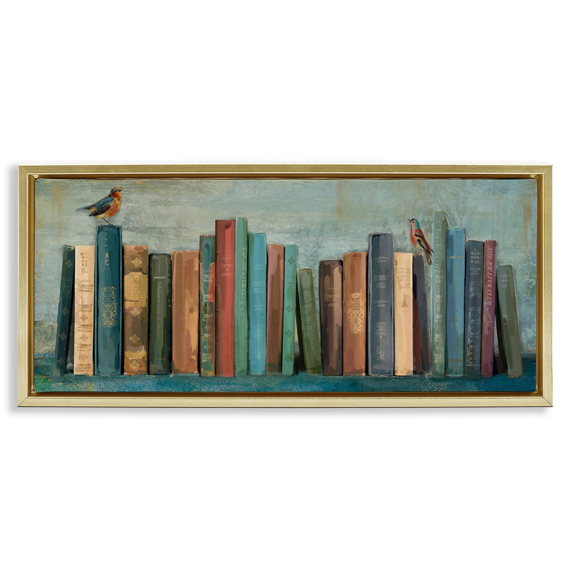 Stupell Industries Books And Birds Bookshelf Painting Animals & Insects Painting Gold Floater Framed Canvas Art Print Wall Art, 31 x 14