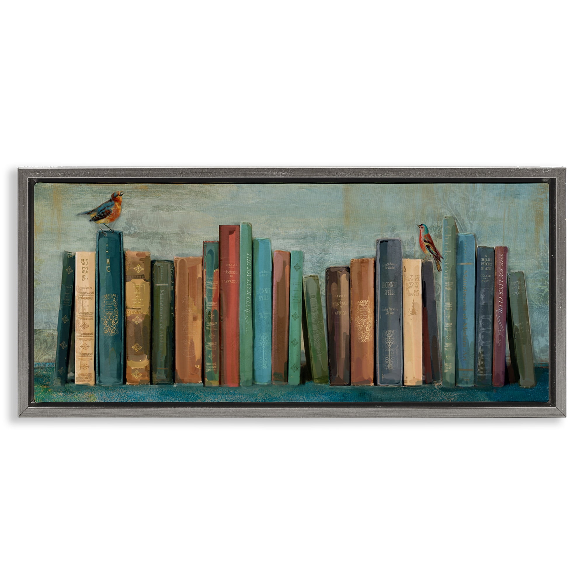 Stupell Industries Books And Birds Bookshelf Painting Animals & Insects Painting Gray Floater Framed Canvas Art Print Wall Art, 25 x 11