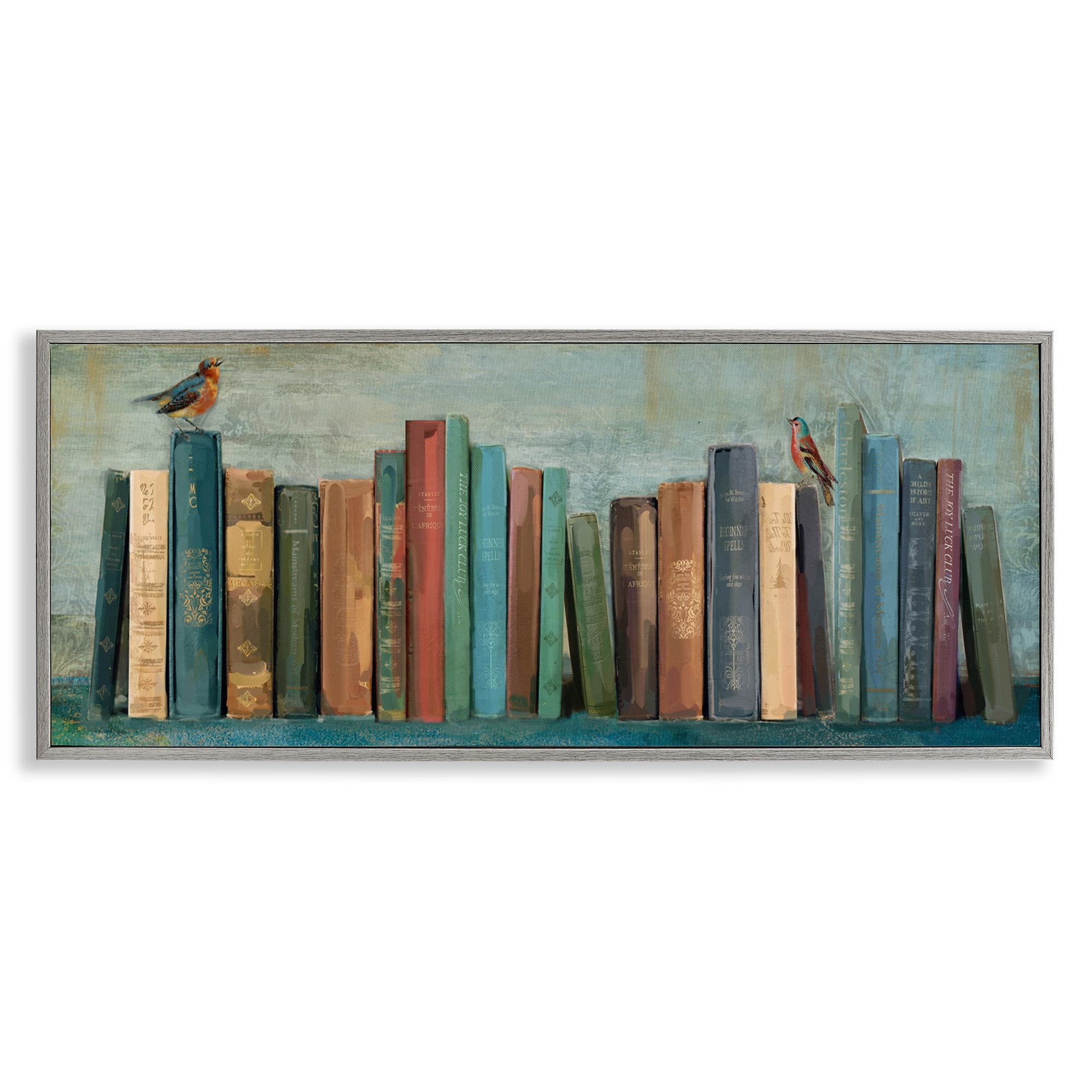 Stupell Industries Books And Birds Bookshelf Painting Animals & Insects Painting Gray Framed Art Print Wall Art, 24 x 10