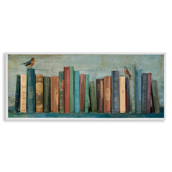 Stupell Industries Books And Birds Bookshelf Painting Animals & Insects Painting White Framed Art Print Wall Art, 30 x 13