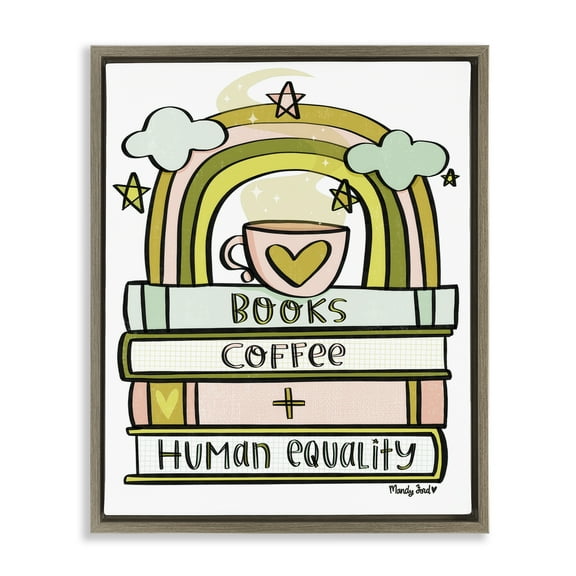 Stupell Industries Books Coffee & Human Equality Quotes and Sayings Painting Brown Floater Framed Canvas Art Print Wall Art, 17 x 21