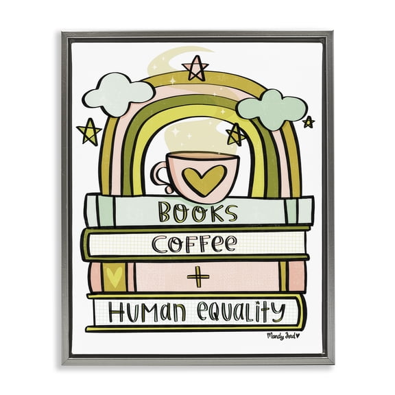 Stupell Industries Books Coffee & Human Equality Quotes and Sayings Painting Gray Floater Framed Canvas Art Print Wall Art, 17 x 21