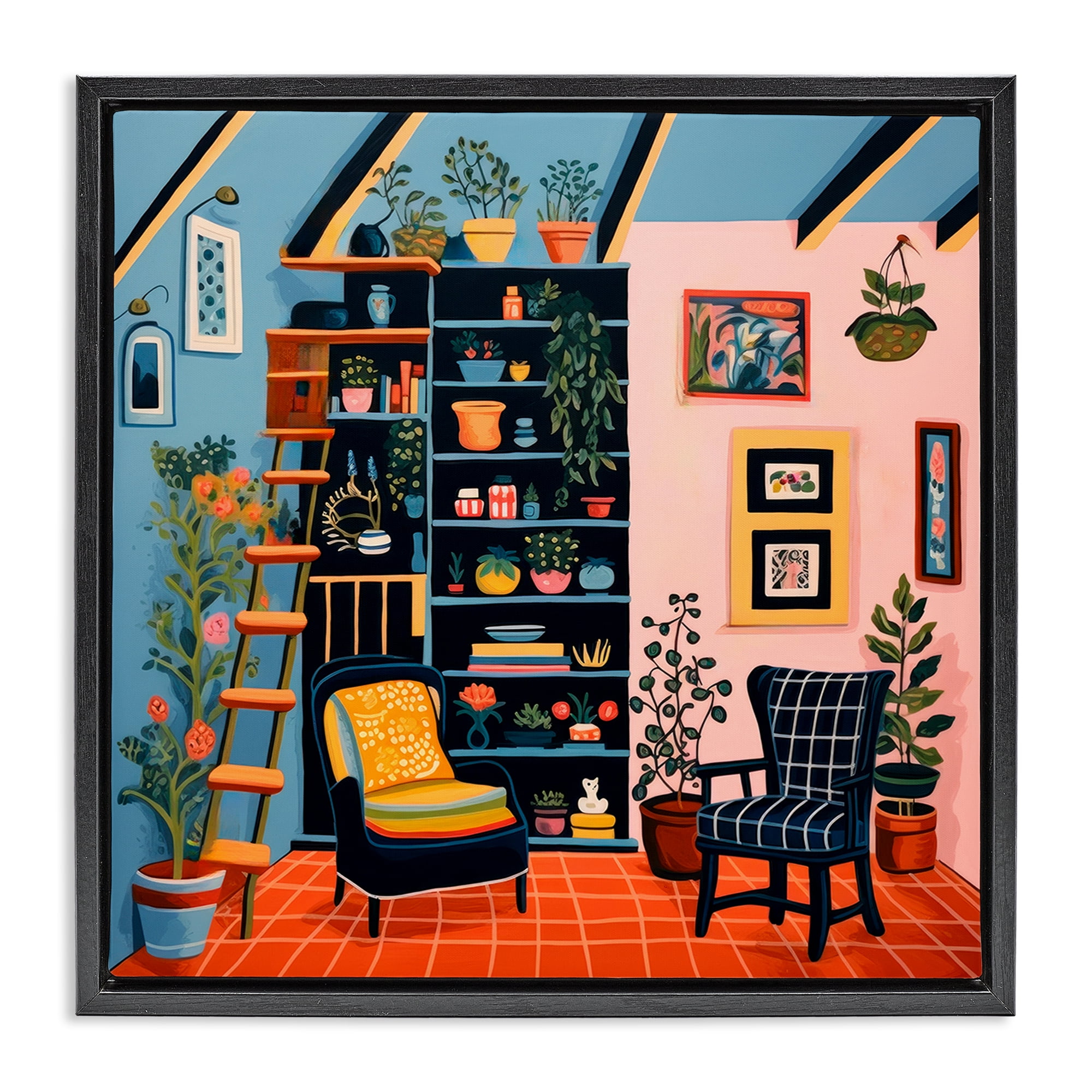 Stupell Industries Bookshelf Scene & Plants Furniture Painting Black Floater Framed Canvas Art Print Wall Art, 18 x 18