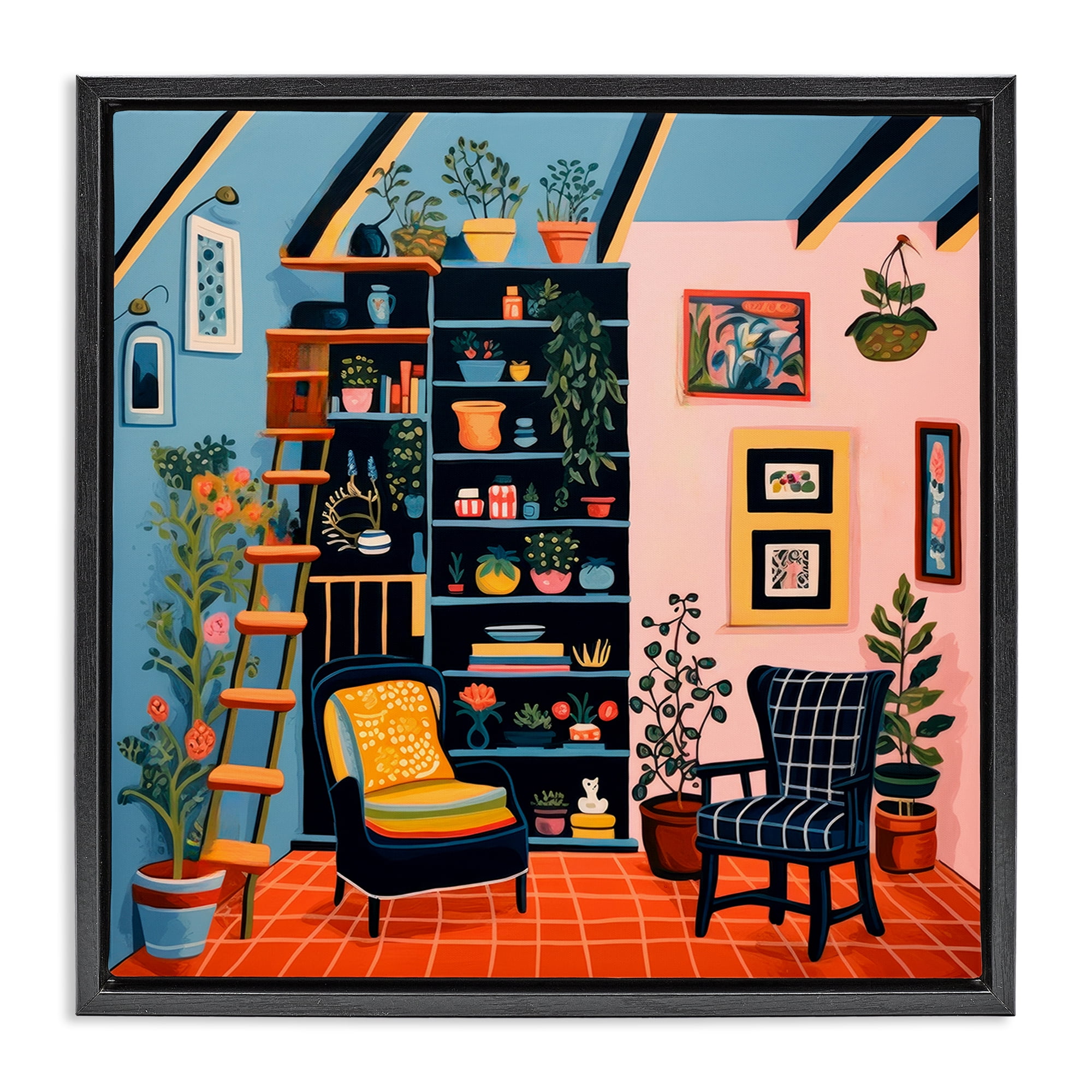 Stupell Industries Bookshelf Scene & Plants Furniture Painting Black Floater Framed Canvas Art Print Wall Art, 25 x 25