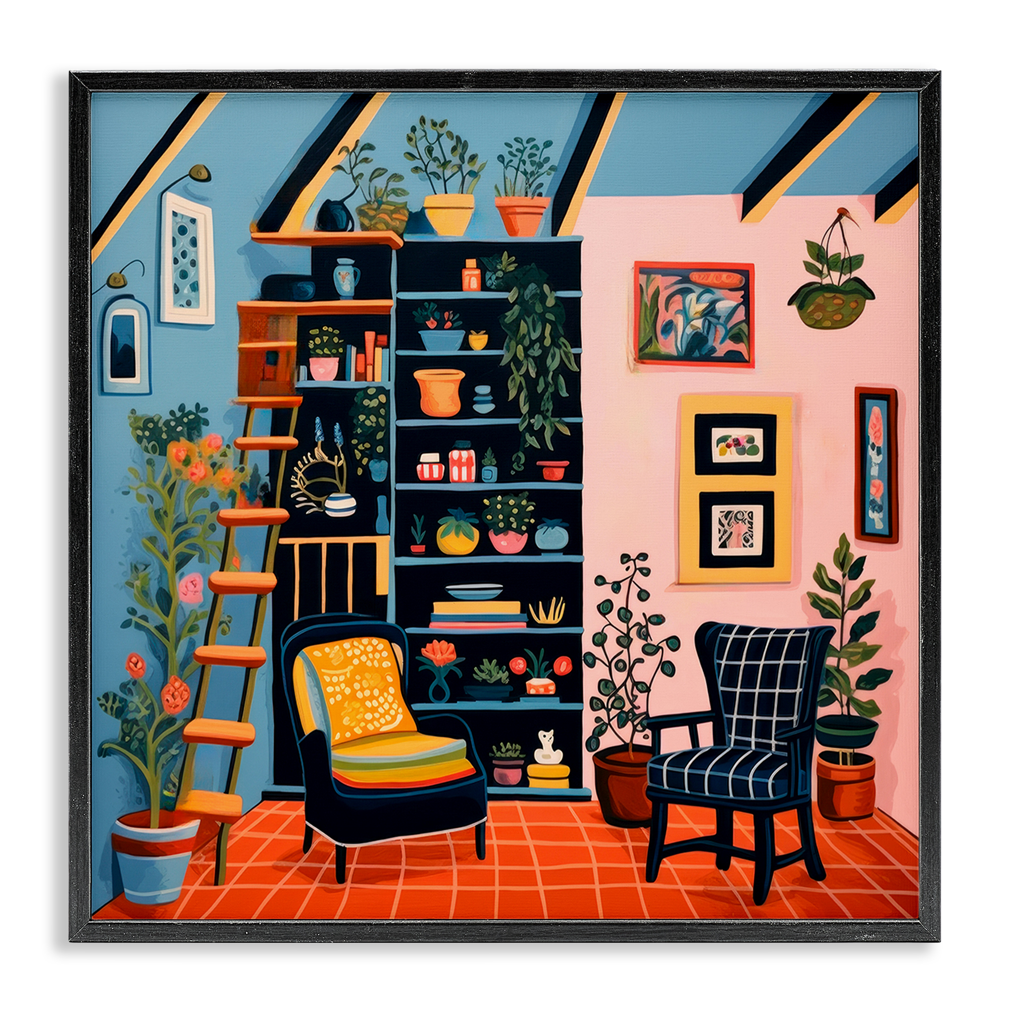 Stupell Industries Bookshelf Scene & Plants Furniture Painting Black Framed Art Print Wall Art, 17 x 17