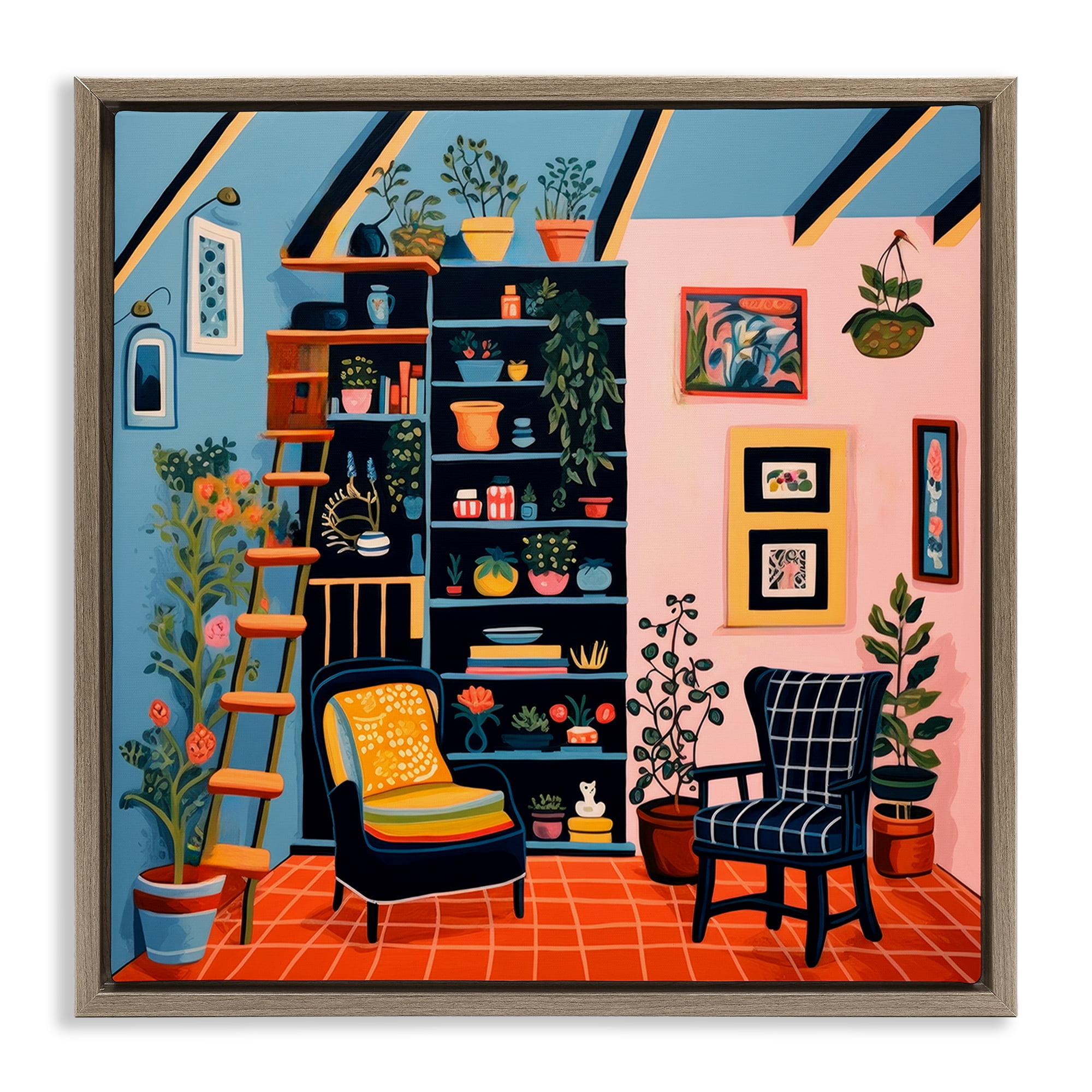Stupell Industries Bookshelf Scene & Plants Furniture Painting Brown Floater Framed Canvas Art Print Wall Art, 18 x 18