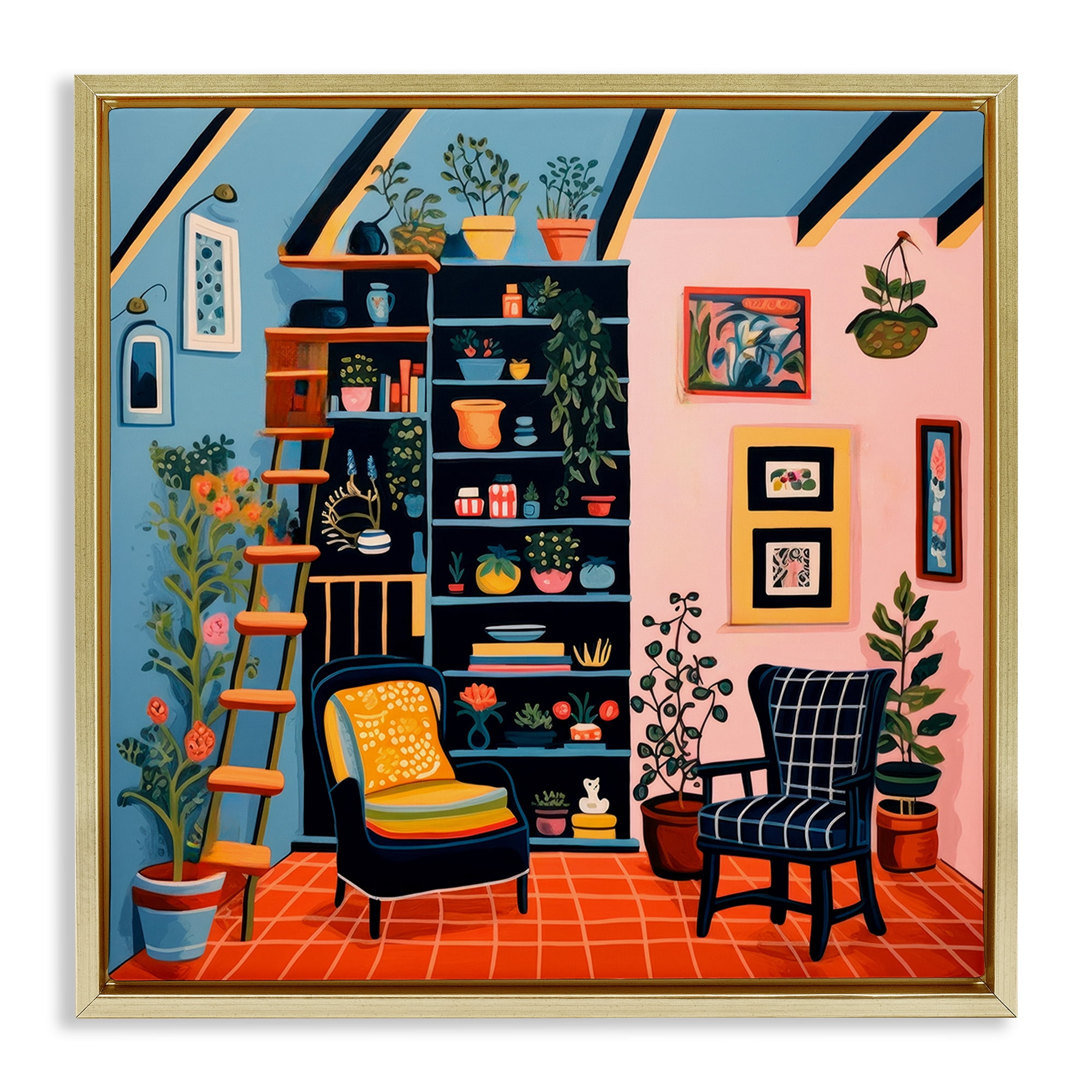 Stupell Industries Bookshelf Scene & Plants Furniture Painting Gold Floater Framed Canvas Art Print Wall Art, 18 x 18