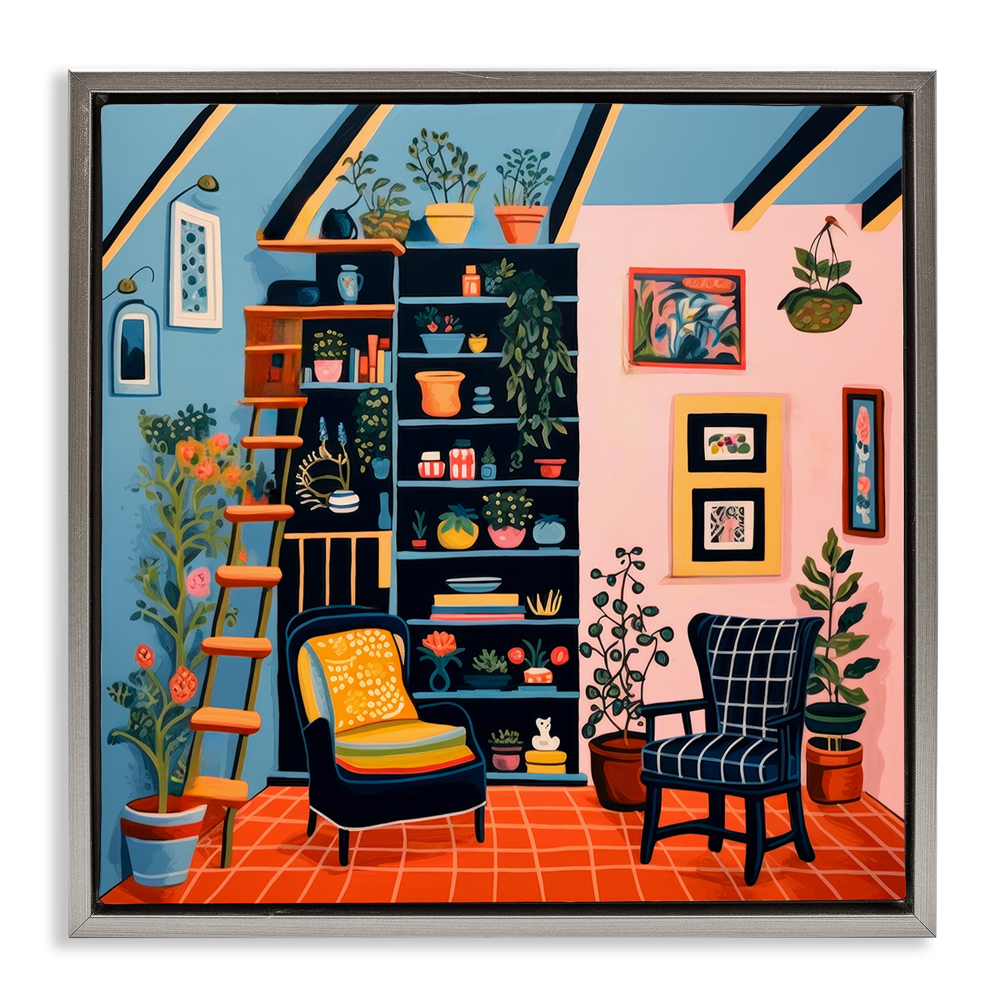 Stupell Industries Bookshelf Scene & Plants Furniture Painting Gray Floater Framed Canvas Art Print Wall Art, 25 x 25