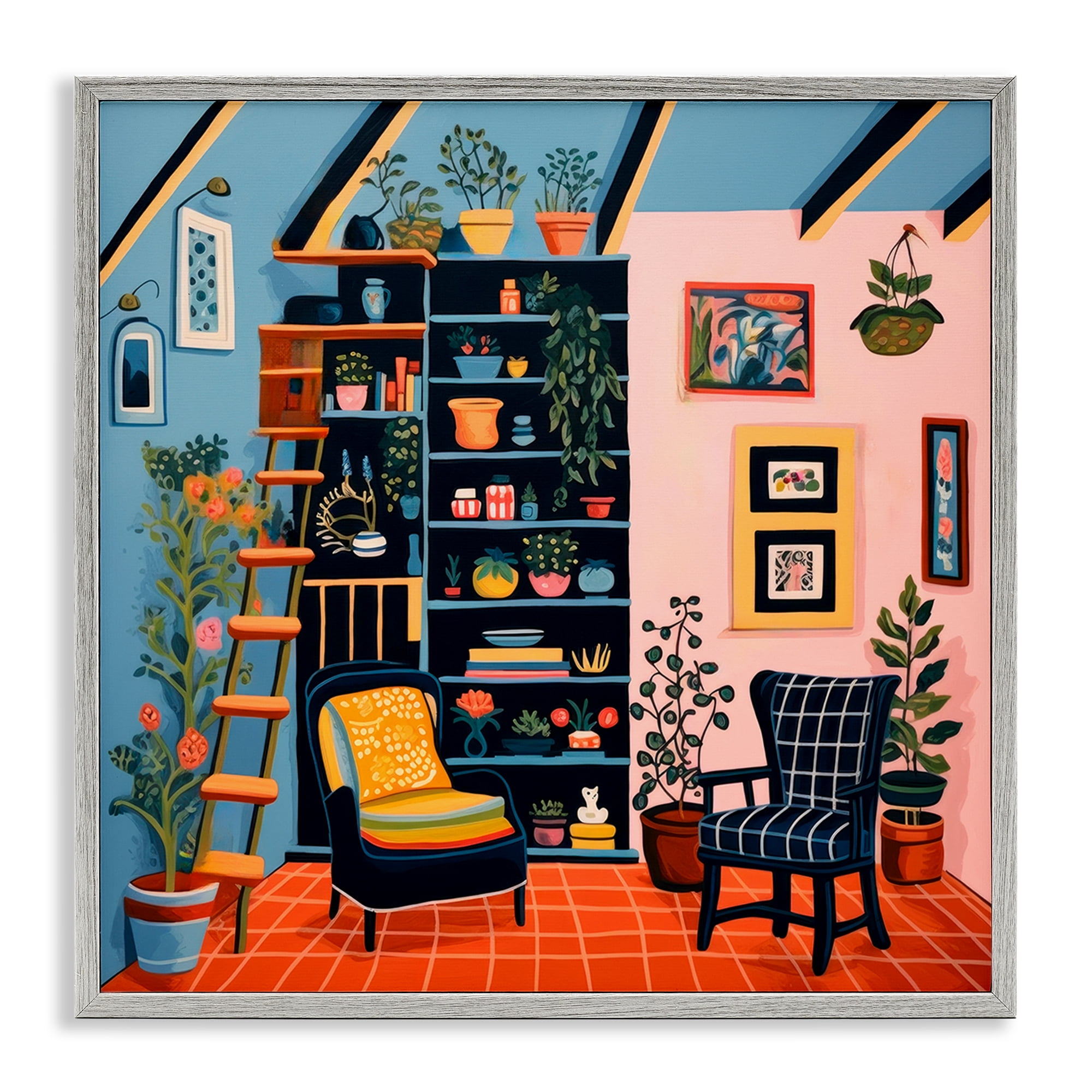 Stupell Industries Bookshelf Scene & Plants Furniture Painting Gray Framed Art Print Wall Art, 12 x 12