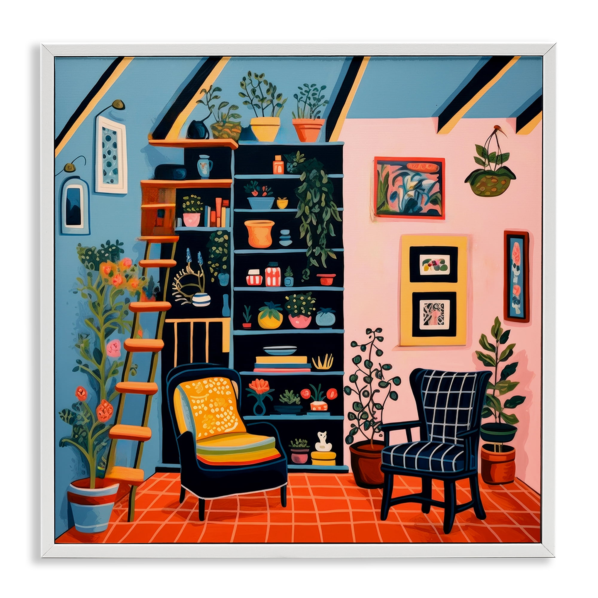 Stupell Industries Bookshelf Scene & Plants Furniture Painting White Framed Art Print Wall Art, 12 x 12