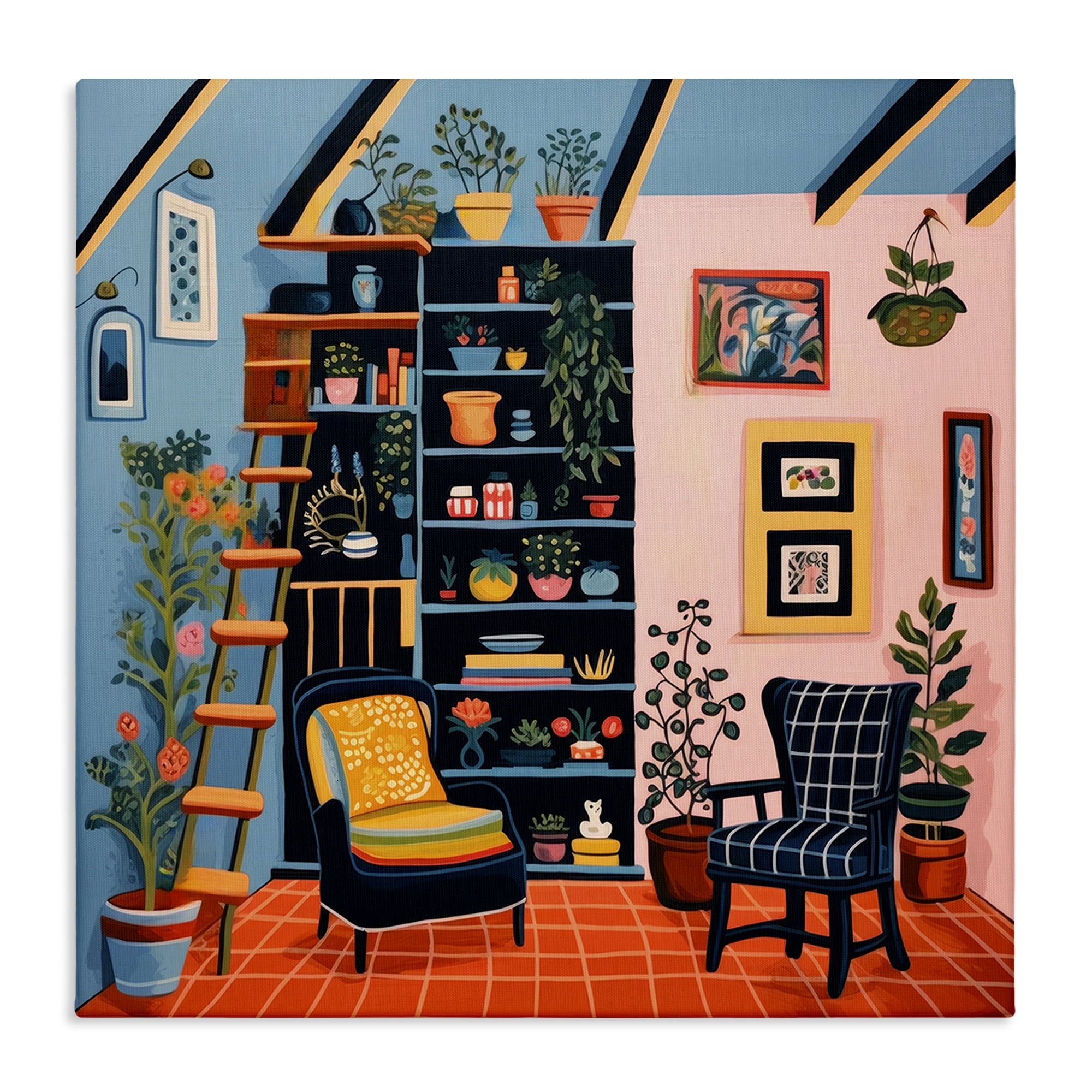Stupell Industries Bookshelf Scene & Plants Furniture Painting Wrapped Canvas Art Print Wall Art, 17 x 17