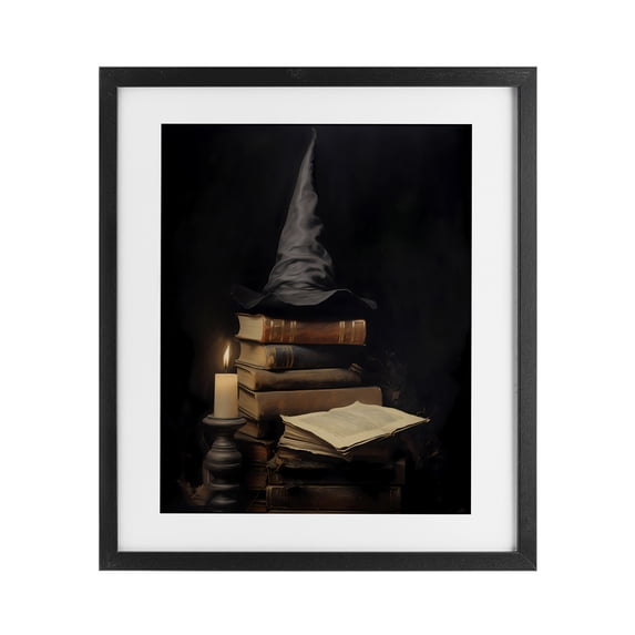 Stupell Industries Rustic Lodge Bookstack and Witch Hat Black Framed Print Under Glass, 13 x 16, by LSR Design Studio