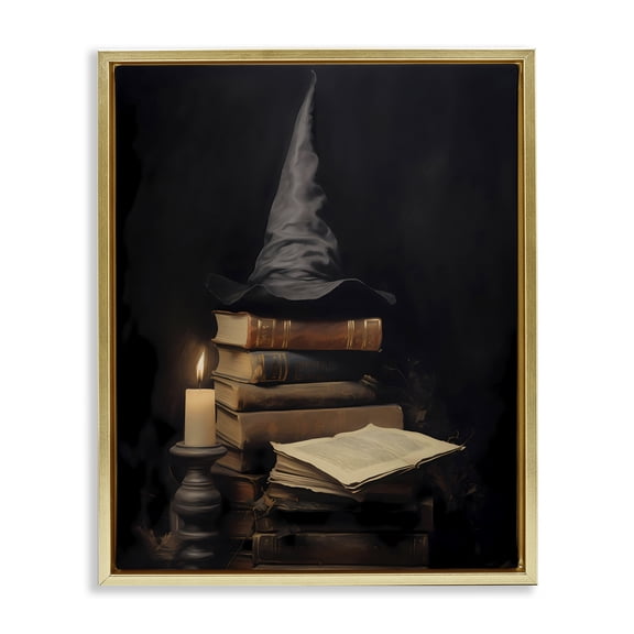 Bookstack and Witch Hat Gold Floating Frame Canvas Art, 17 x 21, Made In USA