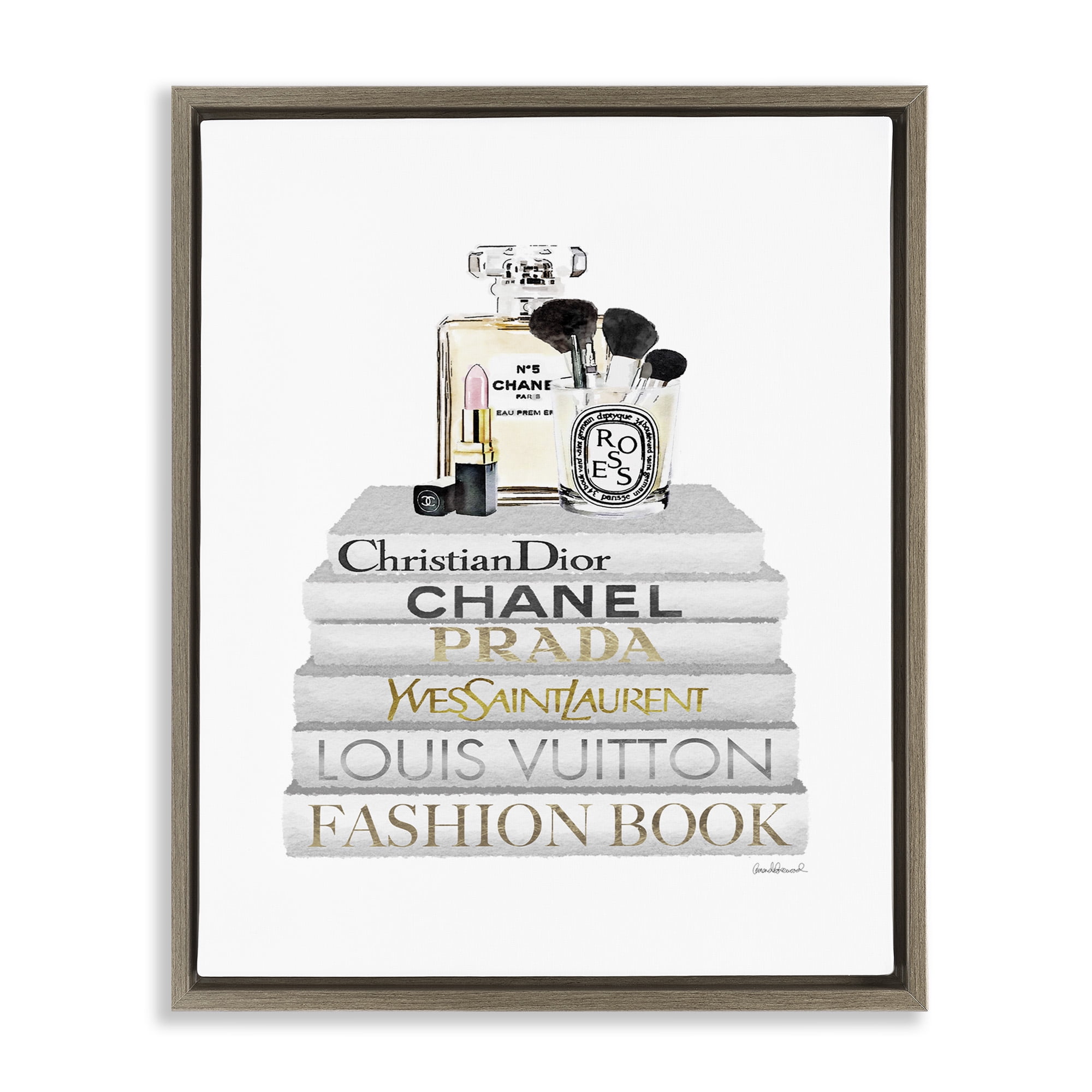 Stupell Industries Bookstack with Makeup Accessories Beauty & Fashion Painting Brown Floater Framed Canvas Art Print Wall Art, 25 x 31
