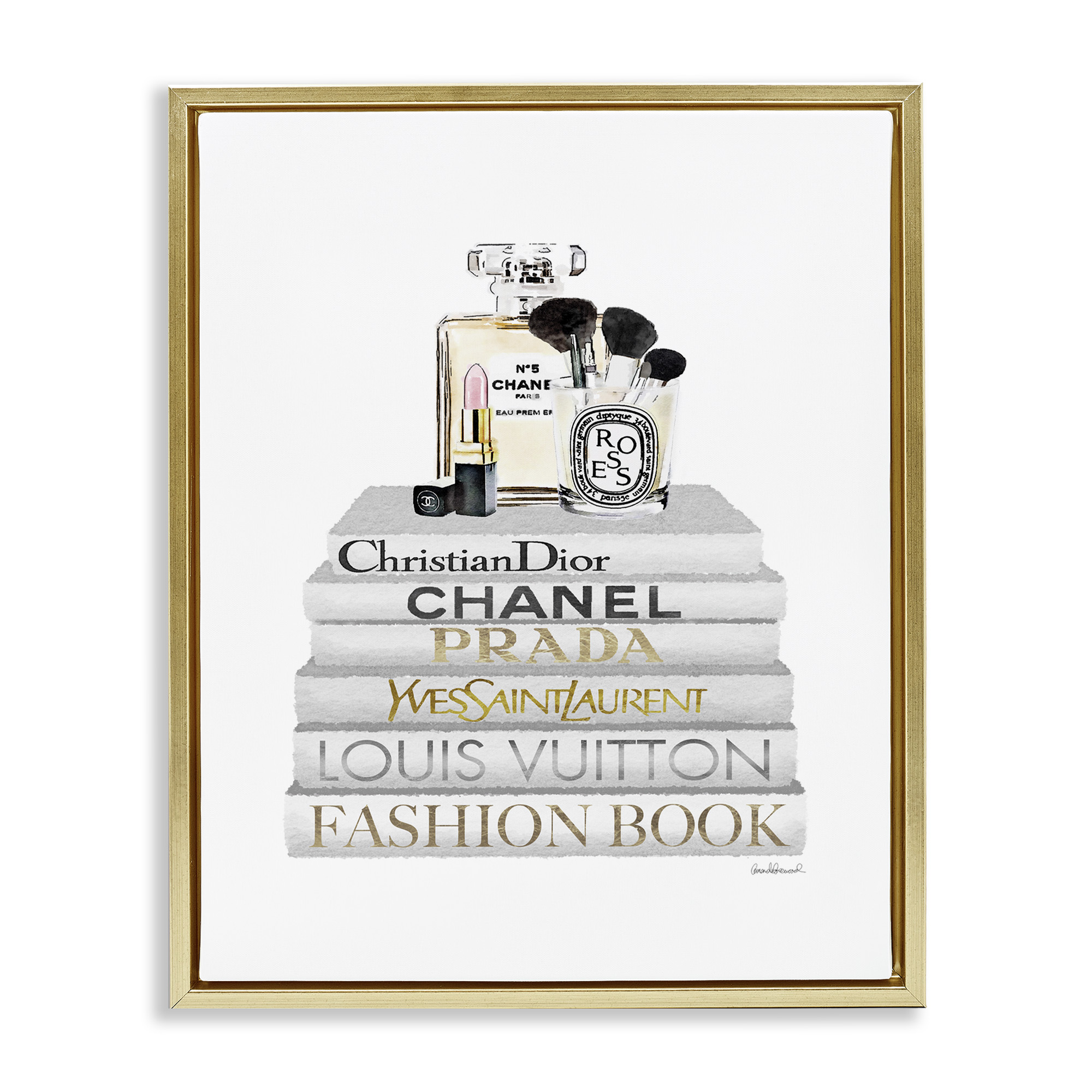 Stupell Industries Bookstack with Makeup Accessories Beauty & Fashion Painting Gold Floater Framed Canvas Art Print Wall Art, 17 x 21