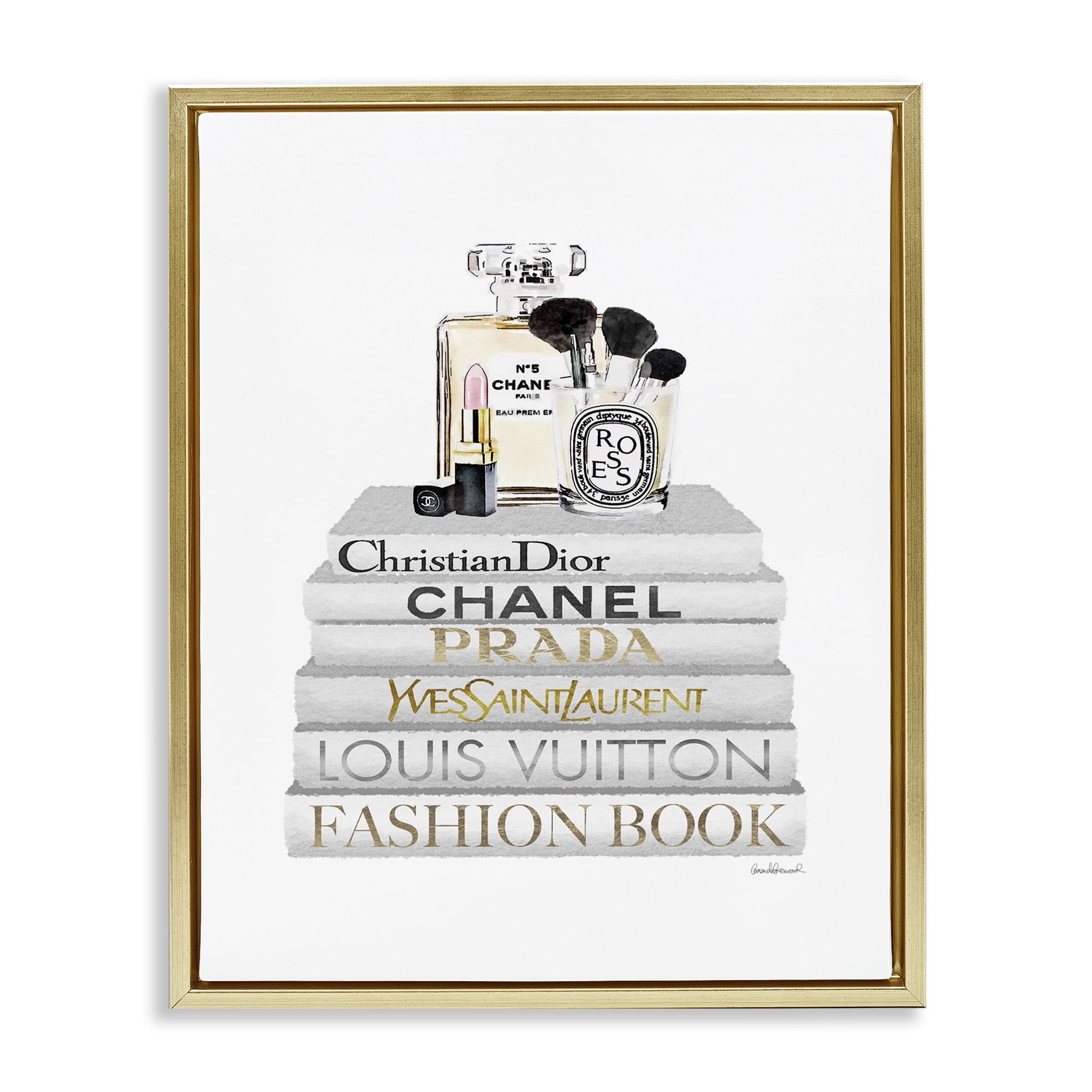 Stupell Industries Bookstack with Makeup Accessories Beauty & Fashion Painting Gold Floater Framed Canvas Art Print Wall Art, 25 x 31