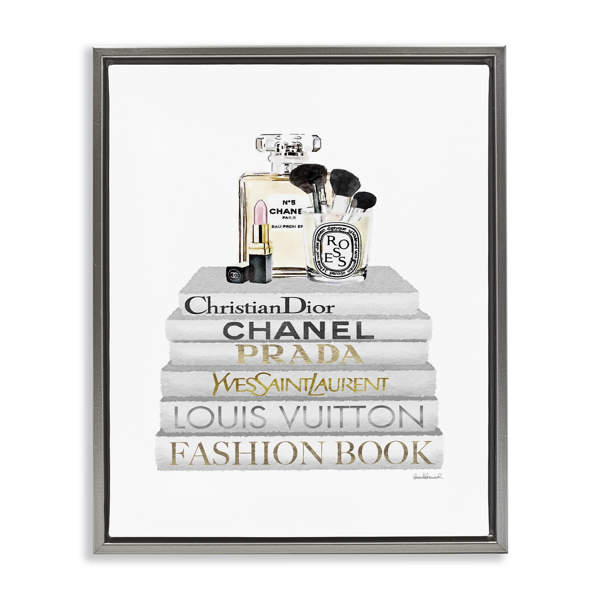 Stupell Industries Bookstack with Makeup Accessories Beauty & Fashion Painting Gray Floater Framed Canvas Art Print Wall Art, 25 x 31
