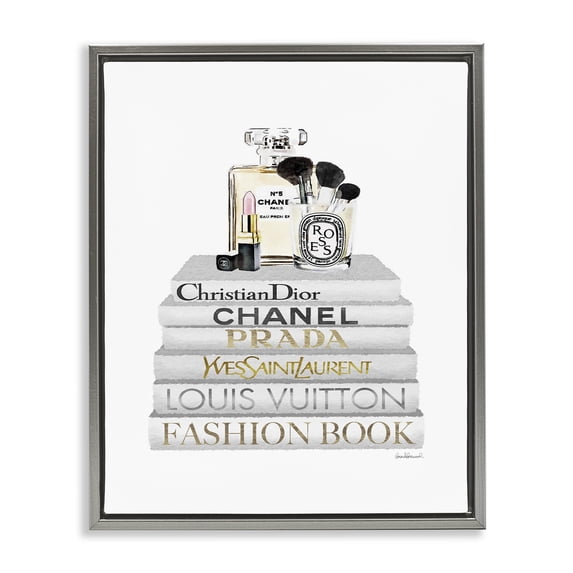 Stupell Industries Bookstack with Makeup Accessories Beauty & Fashion Painting Gray Floater Framed Canvas Art Print Wall Art, 25 x 31