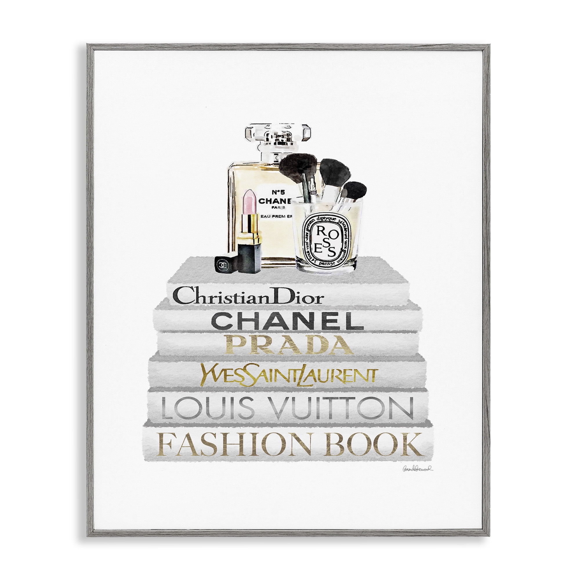 Stupell Industries Bookstack with Makeup Accessories Beauty & Fashion Painting Gray Framed Art Print Wall Art, 11 x 14