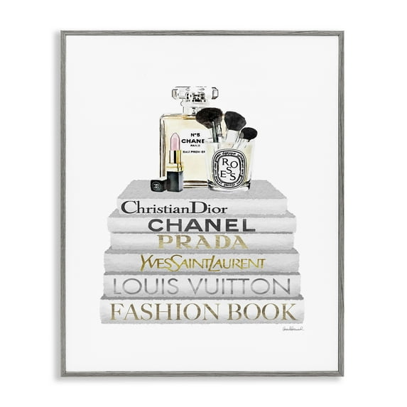 Stupell Industries Bookstack with Makeup Accessories Beauty & Fashion Painting Gray Framed Art Print Wall Art, 16 x 20