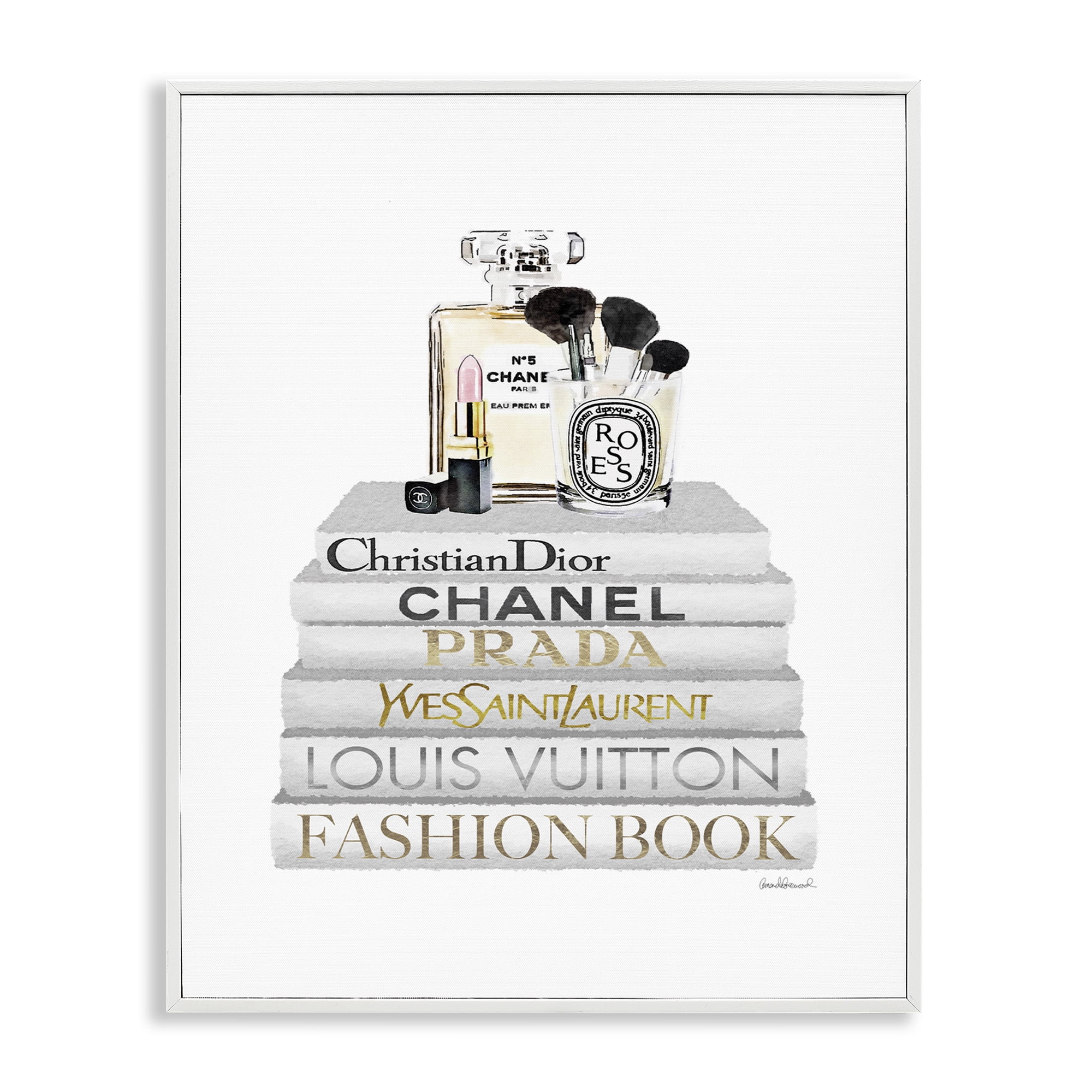 Stupell Industries Bookstack with Makeup Accessories Beauty & Fashion Painting White Framed Art Print Wall Art, 16 x 20