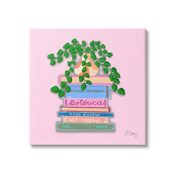 Stupell Industries Bookstack with Plant Vase Botanical & Floral Painting Gallery Wrapped Canvas Art Print Wall Art, 17 x 17