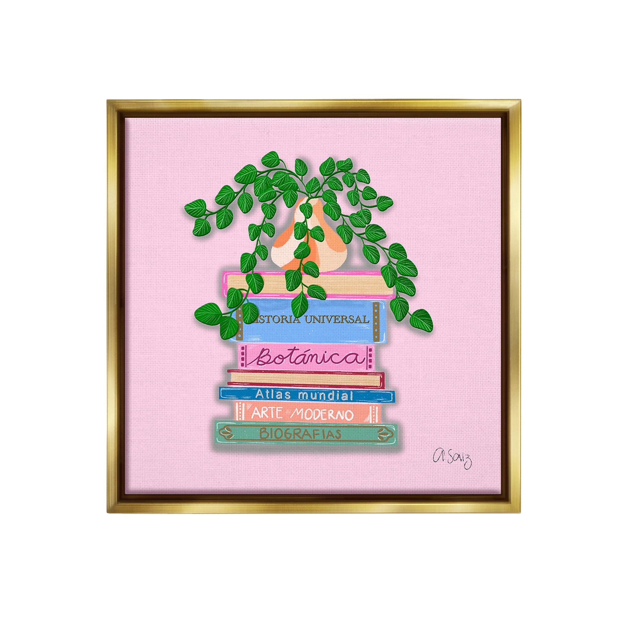 Stupell Industries Bookstack with Plant Vase Botanical & Floral Painting Gold Floater Framed Canvas Art Print Wall Art, 18 x 18