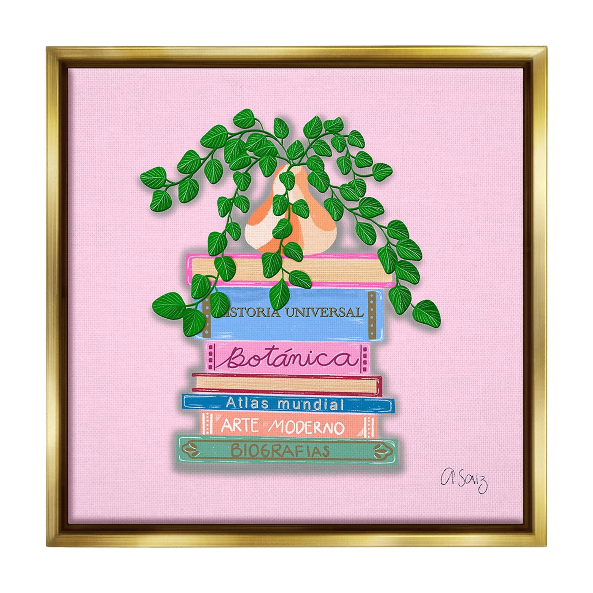 Stupell Industries Bookstack with Plant Vase Botanical & Floral Painting Gold Floater Framed Canvas Art Print Wall Art, 25 x 25