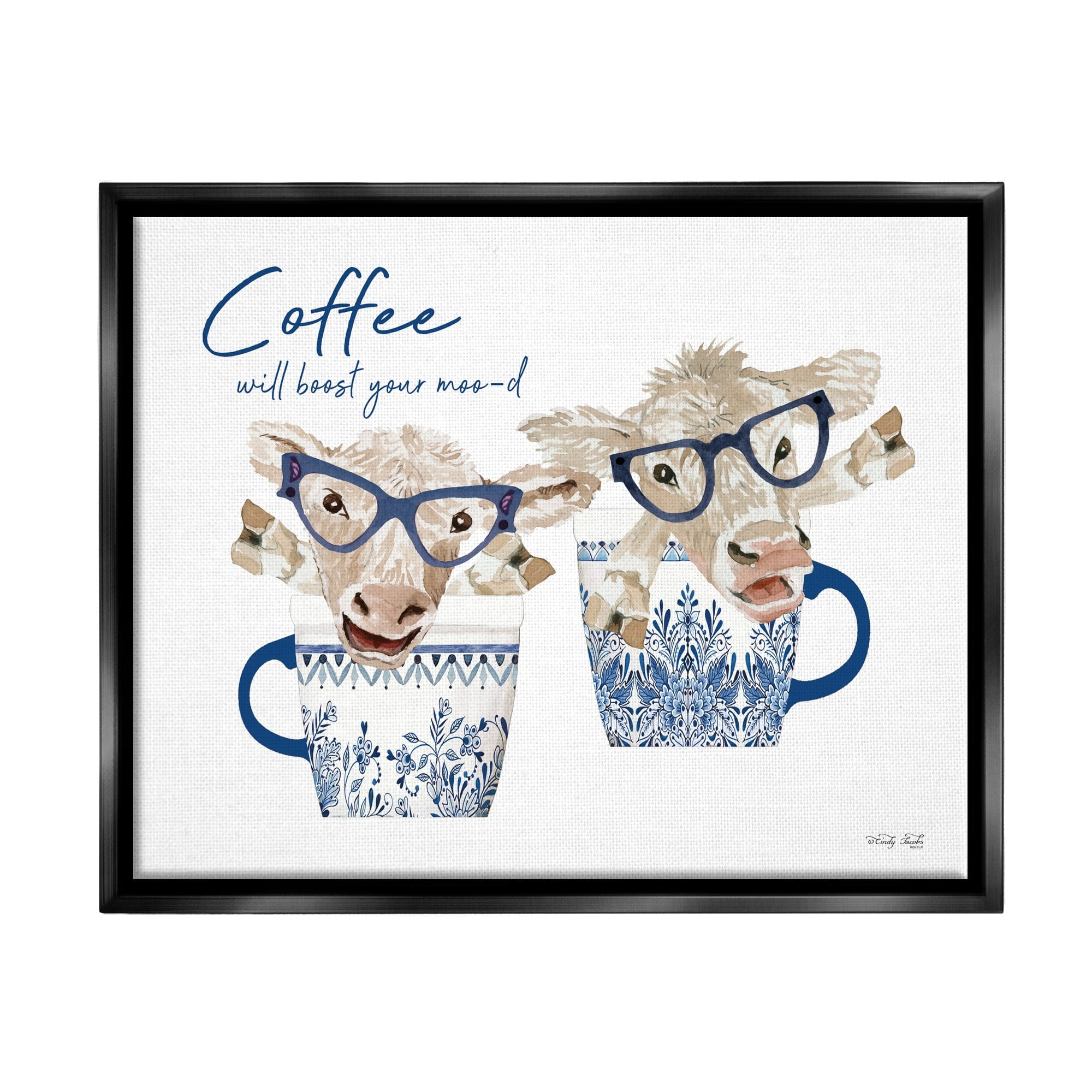 Stupell Industries Boost Your Moo-d Humorous Farmhouse Cow Coffee Mugs Graphic Art Jet Black Floating Framed Canvas Print Wall Art, Design by Cindy Jacobs