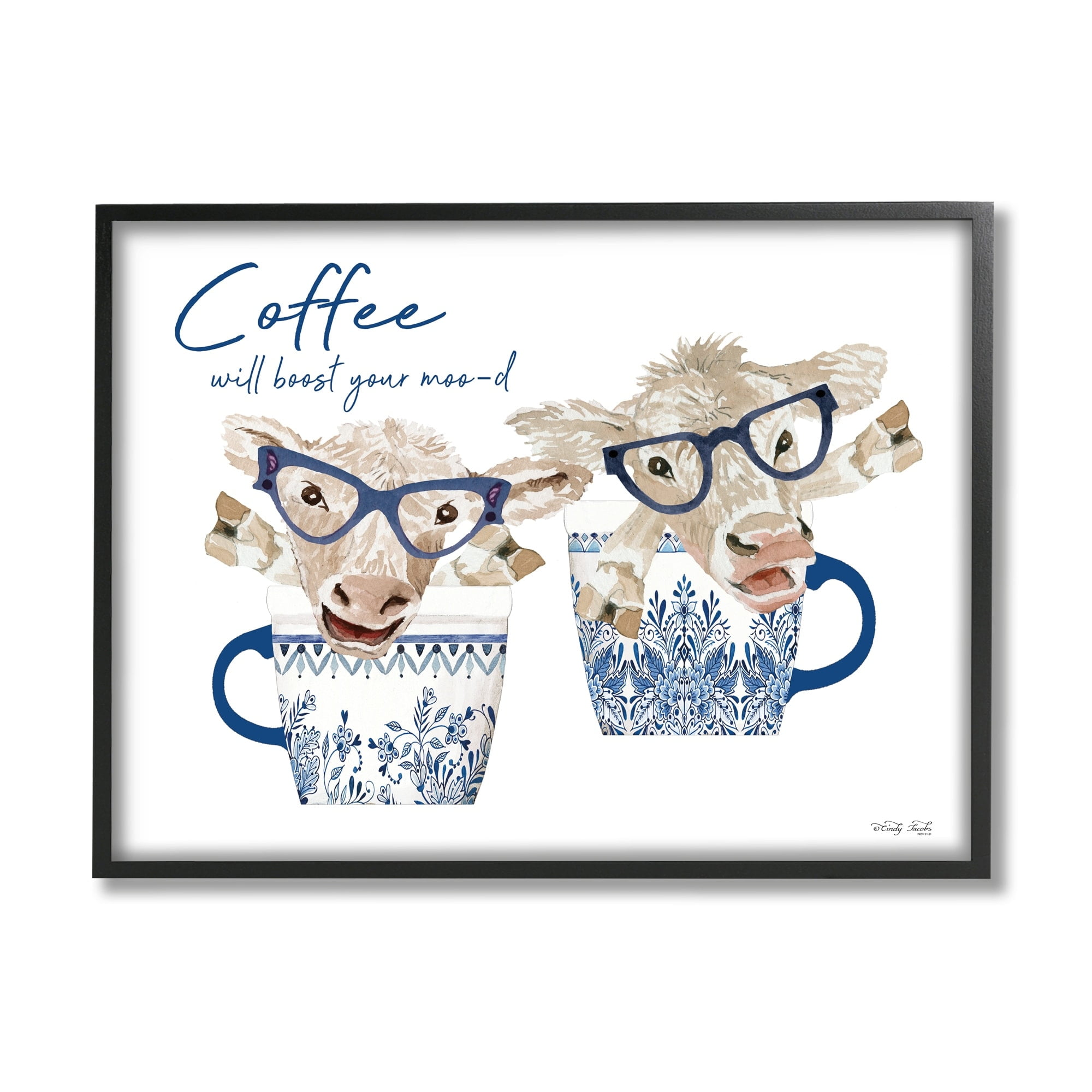 Stupell Industries Boost Your Moo-d Humorous Farmhouse Cow Coffee Mugs Graphic Art Black Framed Art Print Wall Art, Design by Cindy Jacobs
