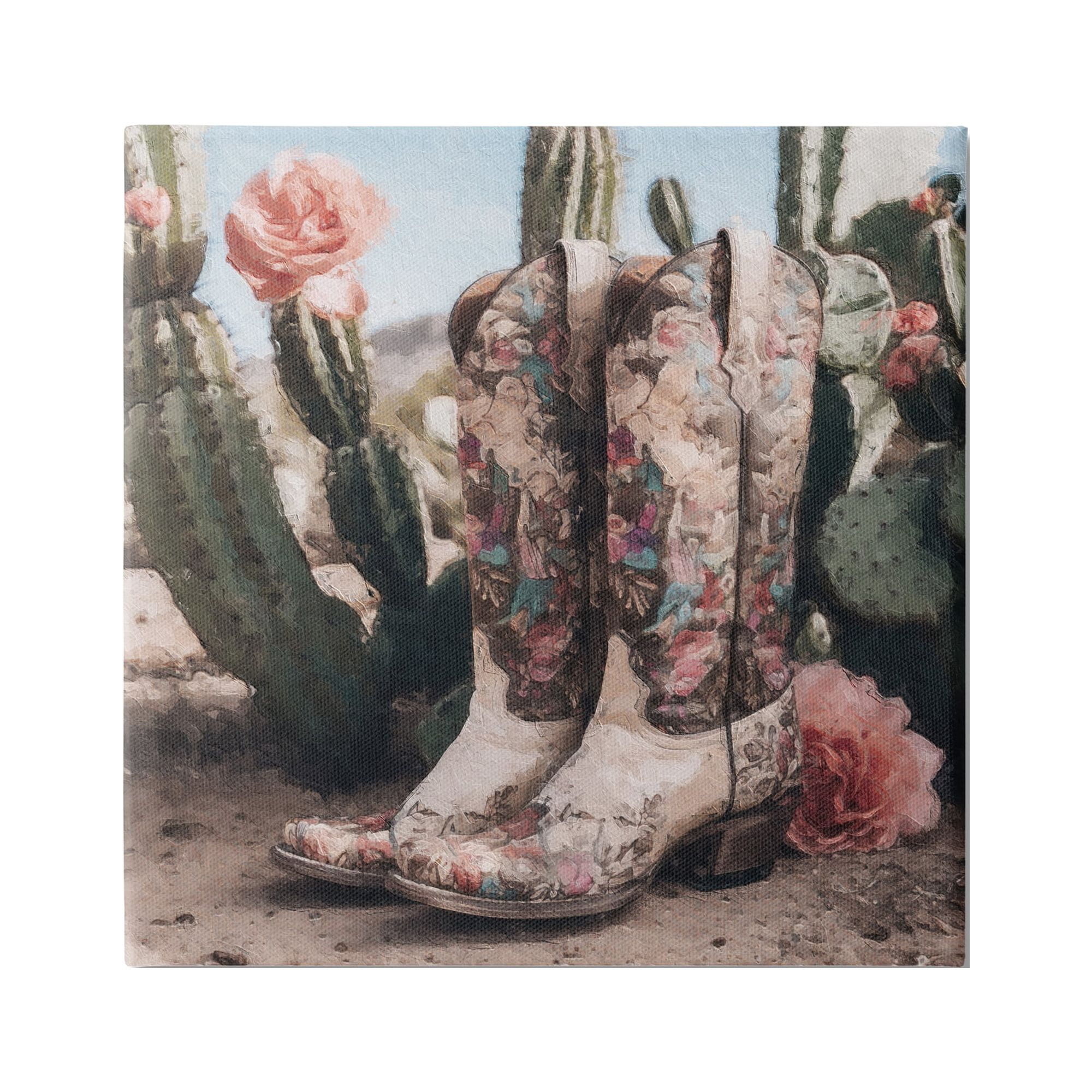Stupell Industries Boots with Cactus Flowers Beauty & Fashion Painting Gallery Wrapped Canvas Print Wall Art, 24 x 24