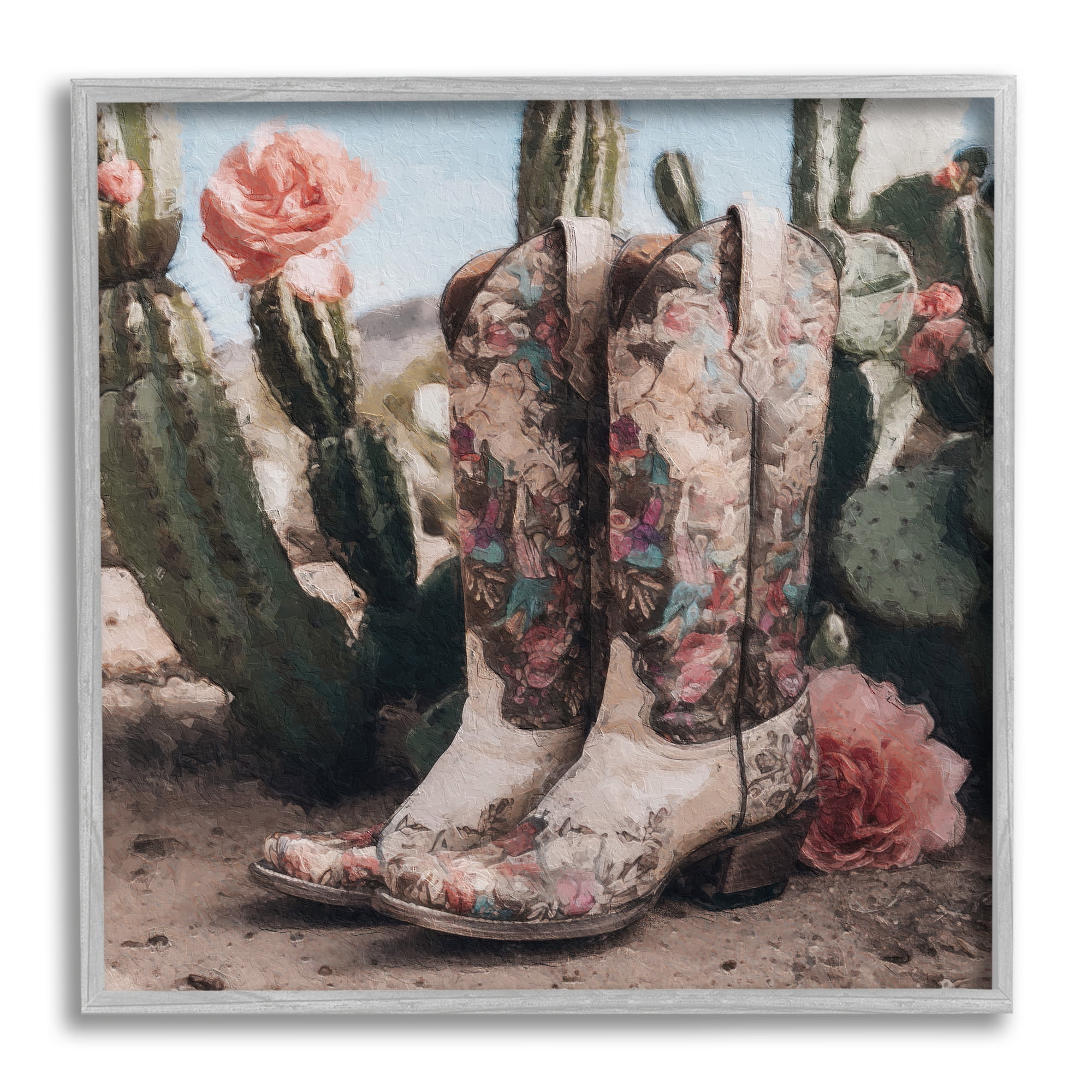 Stupell Industries Boots with Cactus Flowers Beauty & Fashion Painting Gray Framed Art Print Wall Art, 12 x 12