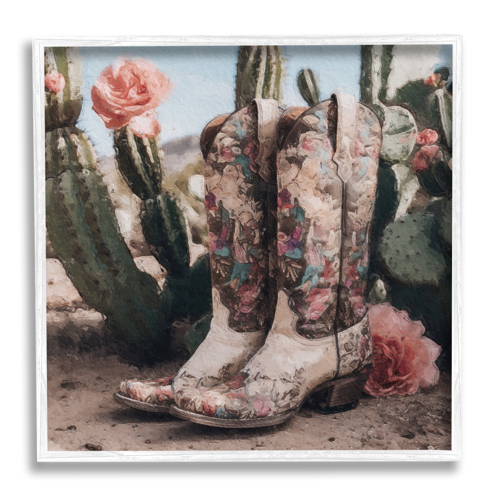 Floral Cowboy Boots with Cactus Canvas Print in White Frame