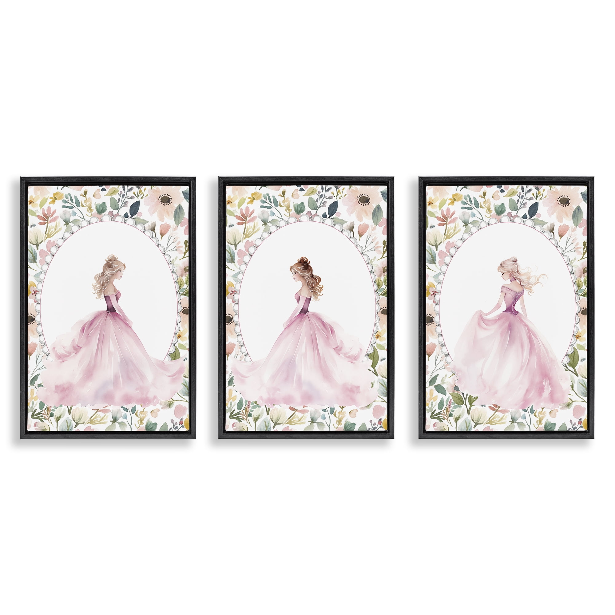 Stupell Industries Bordered Princess Love 3 Piece Black Framed Floater Canvas Set, design by Christine Simpson Art