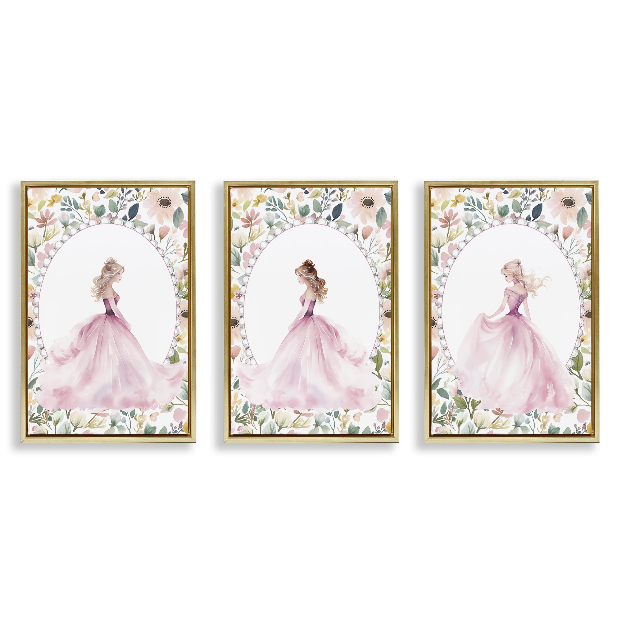 Stupell Industries Bordered Princess Love 3 Piece Gold Framed Floater Canvas Set, design by Christine Simpson Art