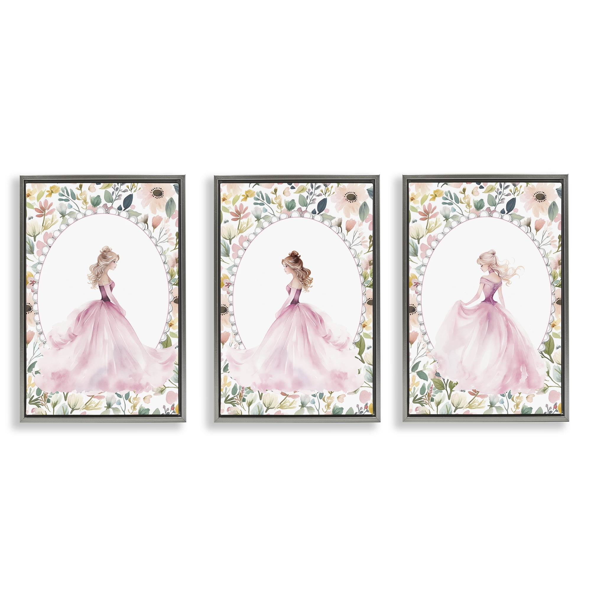 Stupell Industries Bordered Princess Love 3 Piece Gray Framed Floater Canvas Set, design by Christine Simpson Art