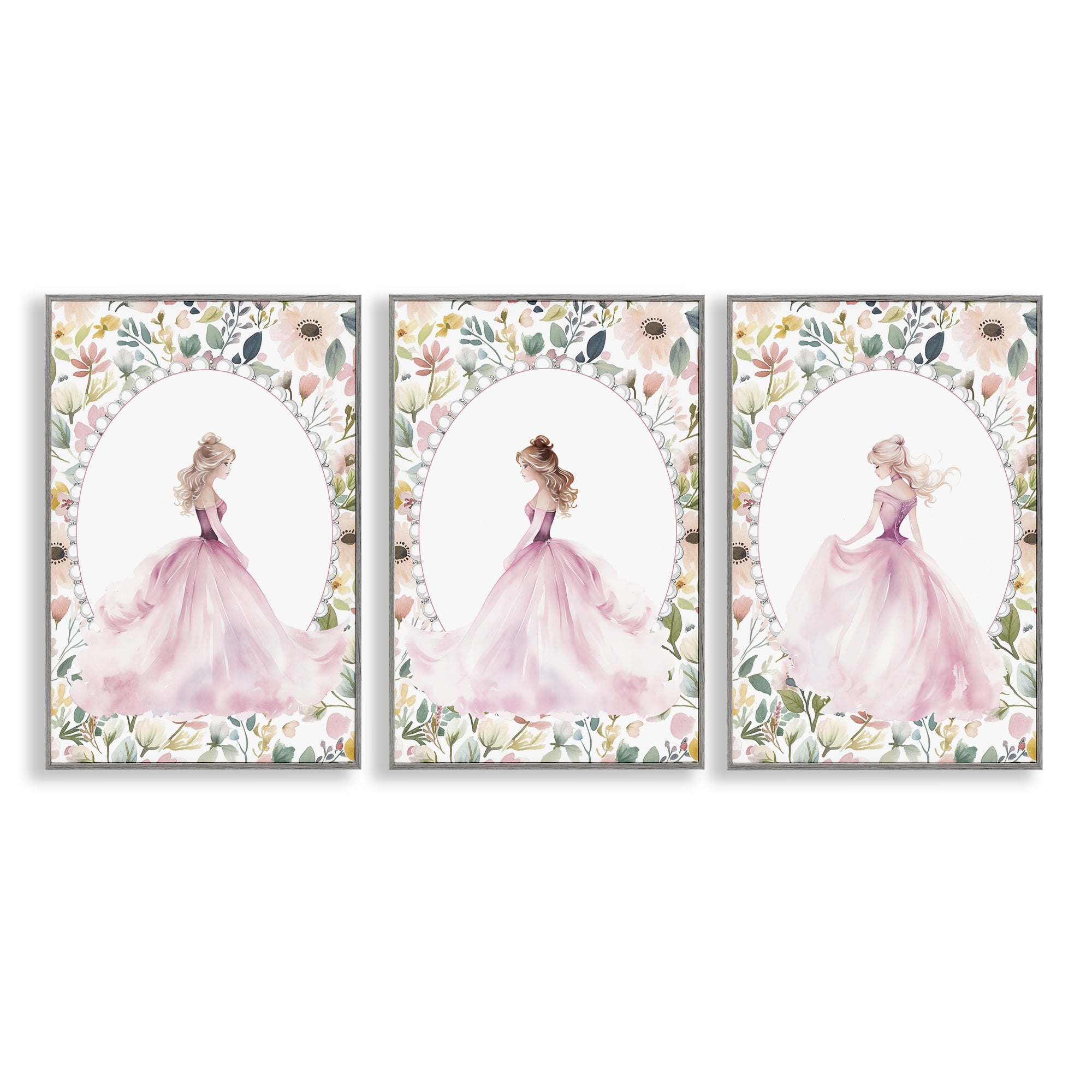 Stupell Industries Bordered Princess Love 3 Piece Gray Framed Giclee Art Set, design by Christine Simpson Art