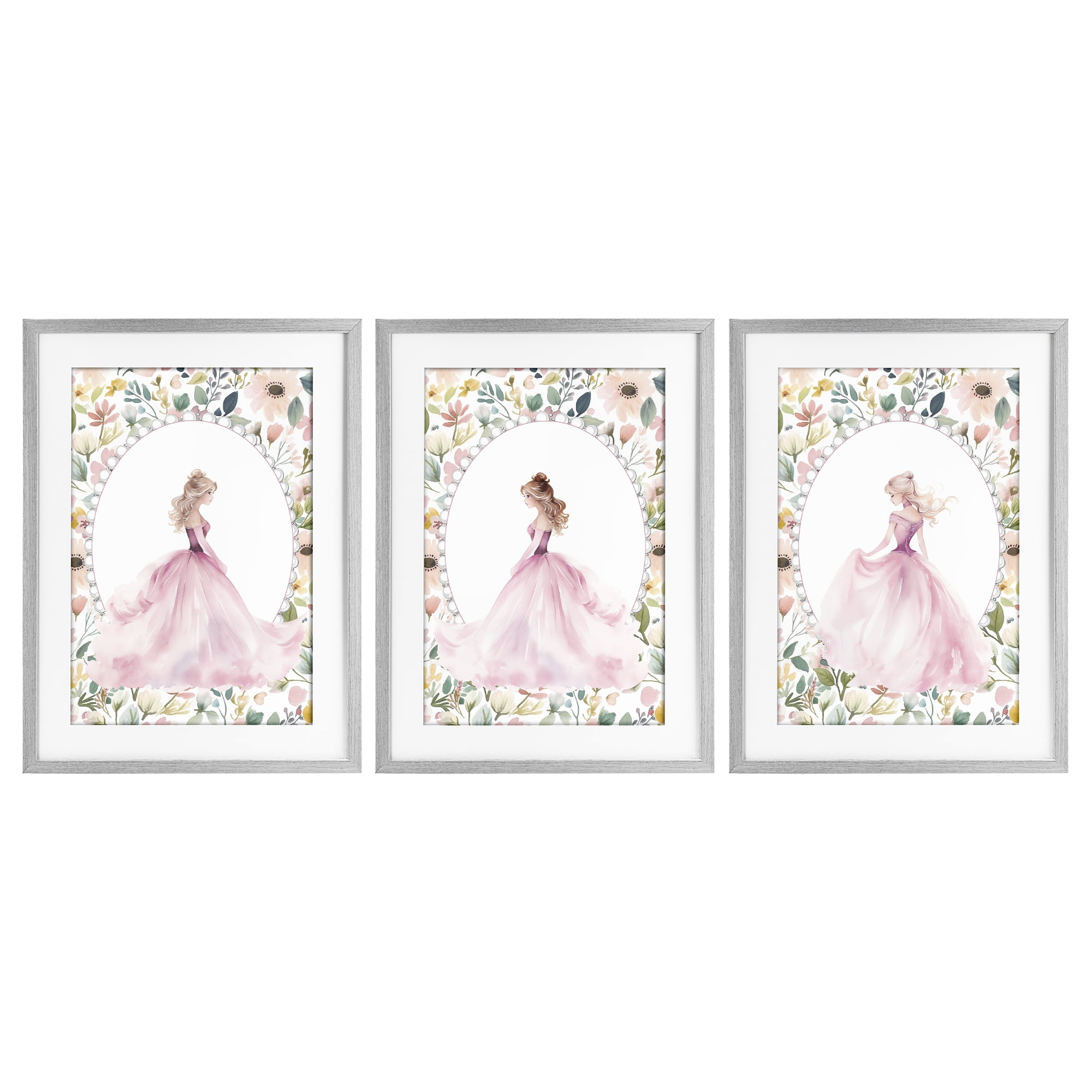 Stupell Industries Bordered Princess Love 3 Piece Gray Framed Print Under Glass Set, design by Christine Simpson Art