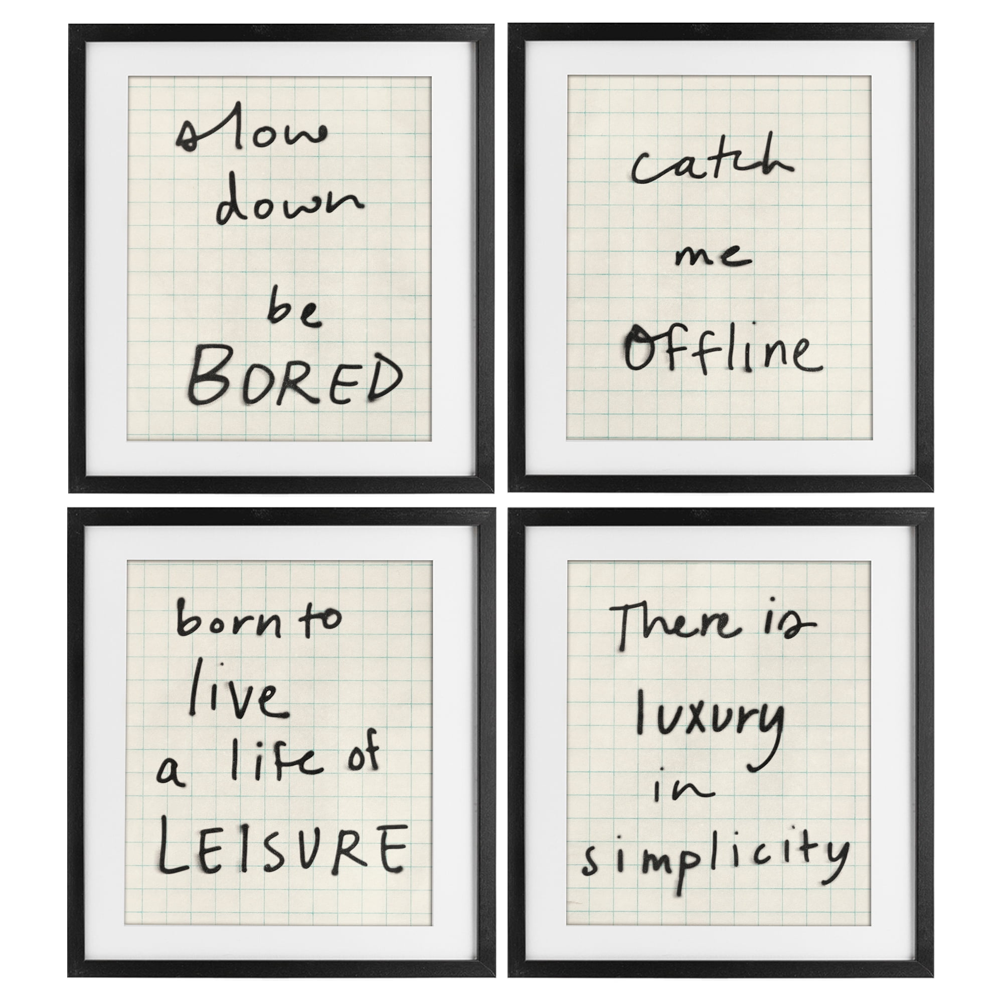 Stupell Industries Bored Scrawl Sayings 4 Piece Black Framed Print Under Glass Set, design by Victoria Barnes