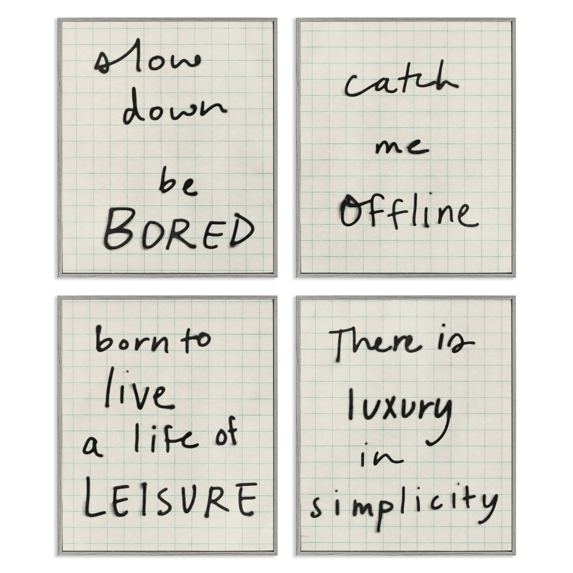 Stupell Industries Bored Scrawl Sayings 4 Piece Gray Framed Giclee Art Set, design by Victoria Barnes
