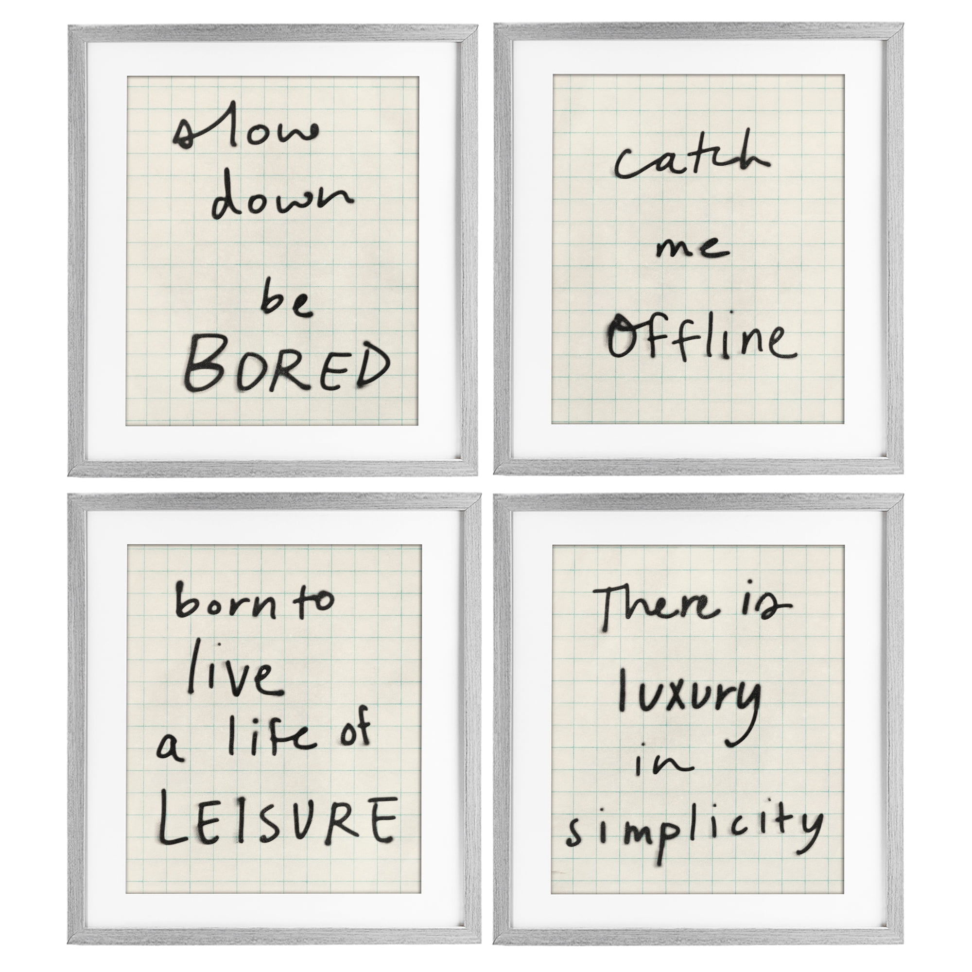 Stupell Industries Bored Scrawl Sayings 4 Piece Gray Framed Print Under Glass Set, design by Victoria Barnes