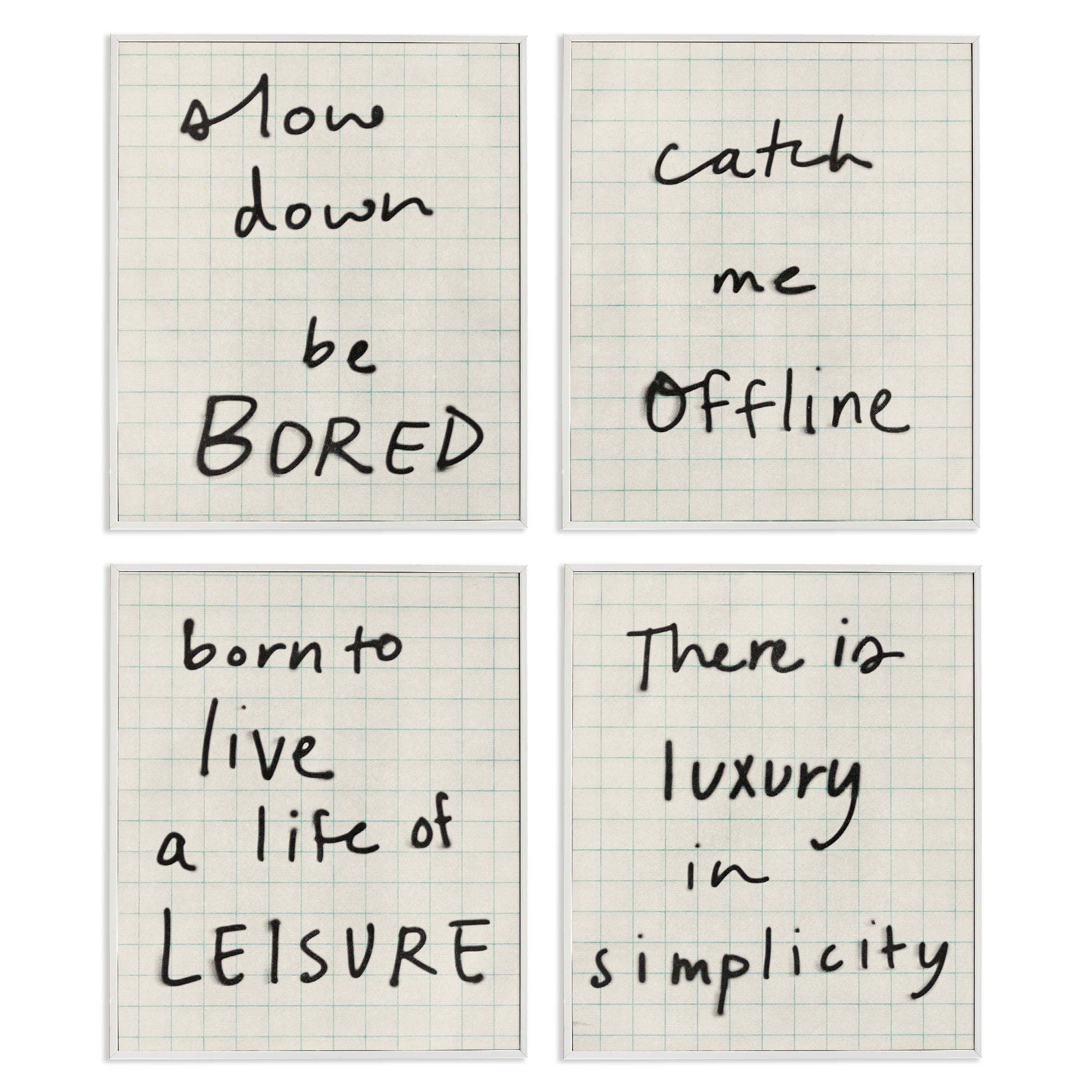 Stupell Industries Bored Scrawl Sayings 4 Piece White Framed Giclee Art Set, design by Victoria Barnes