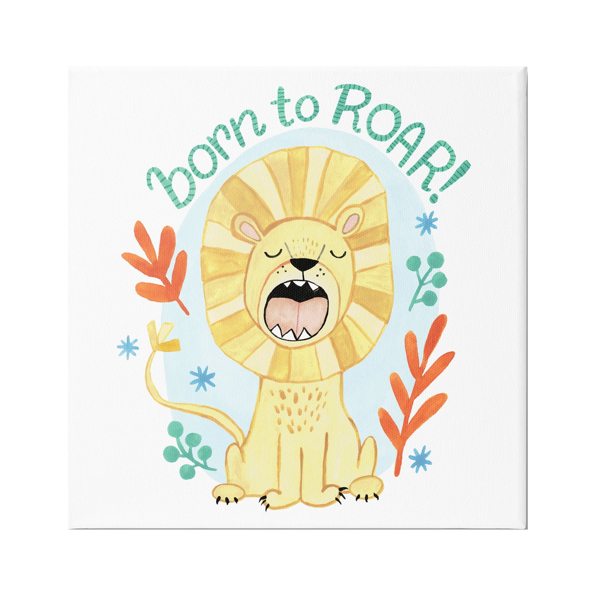 Stupell Industries Born To Roar Saying Yellow Lion Simple Botanicals Kids Painting Gallery-Wrapped Canvas Print Wall Art, 36 x 36, Design by Heather Strianese