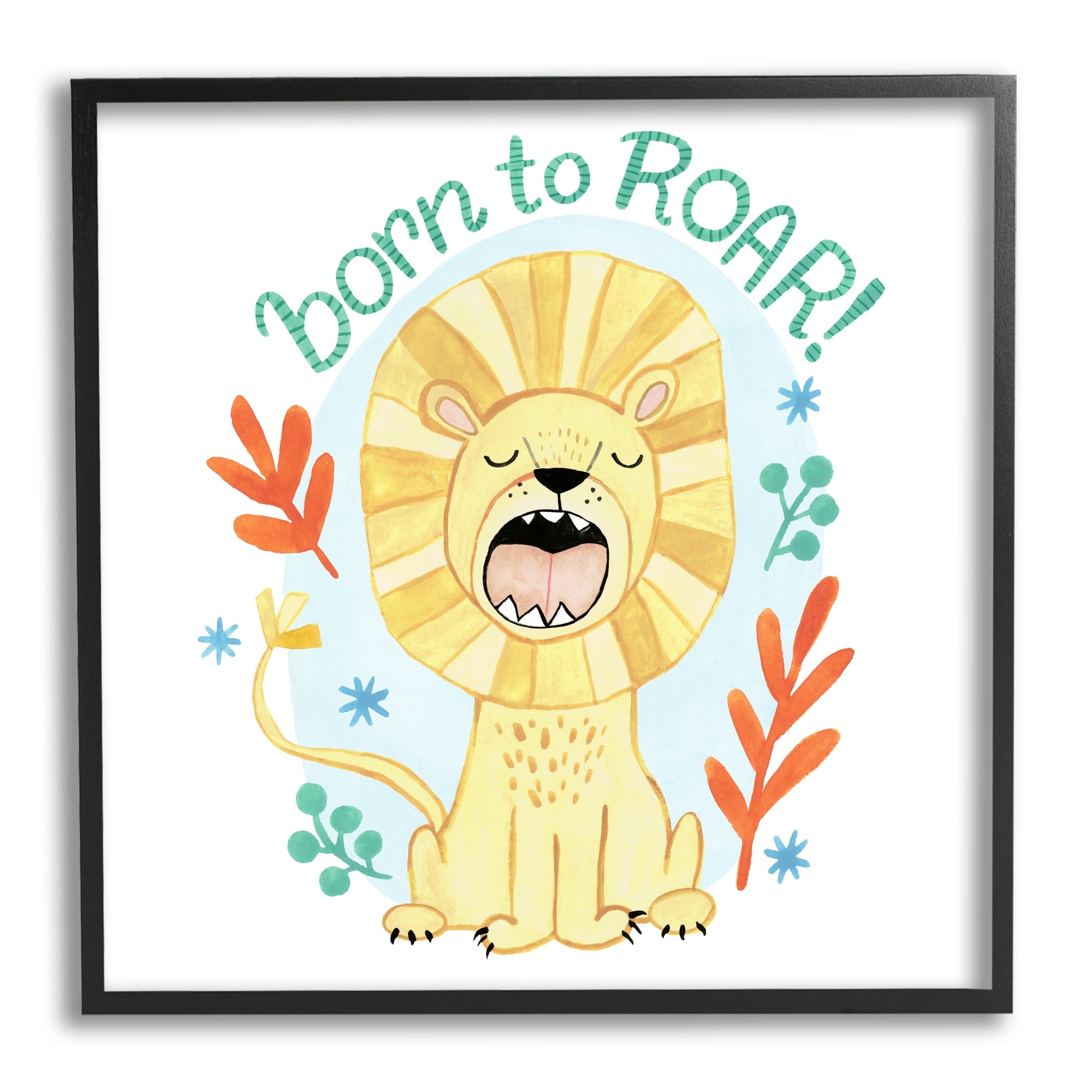 Stupell Industries Born To Roar Saying Yellow Lion Simple Botanicals Paintings Black Framed Art Print Wall Art, 12x12, by Heather Strianese