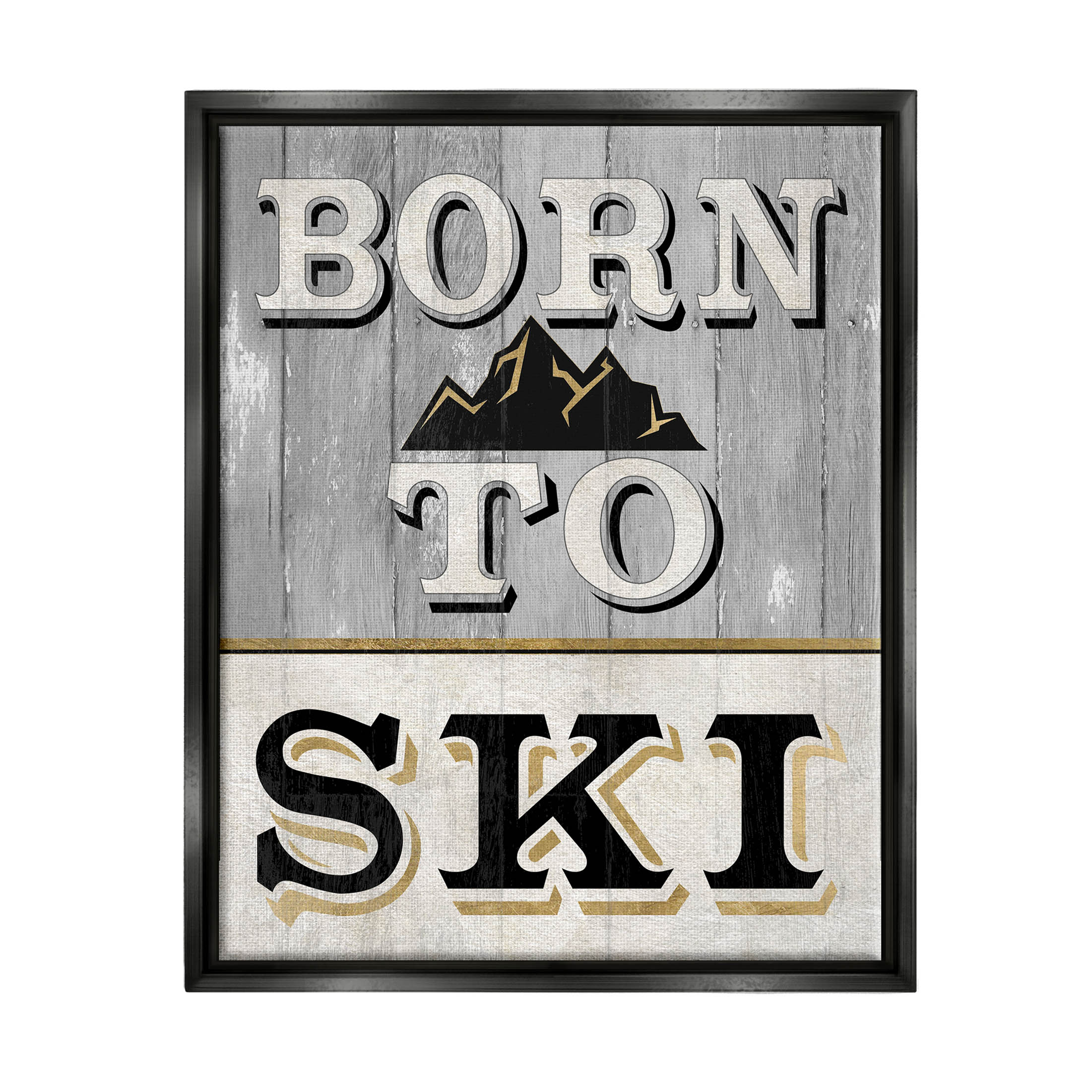 Stupell Industries Born To Ski Mountain Sign Graphic Art Jet Black Floating Framed Canvas Print Wall Art, Design by Livi Finn