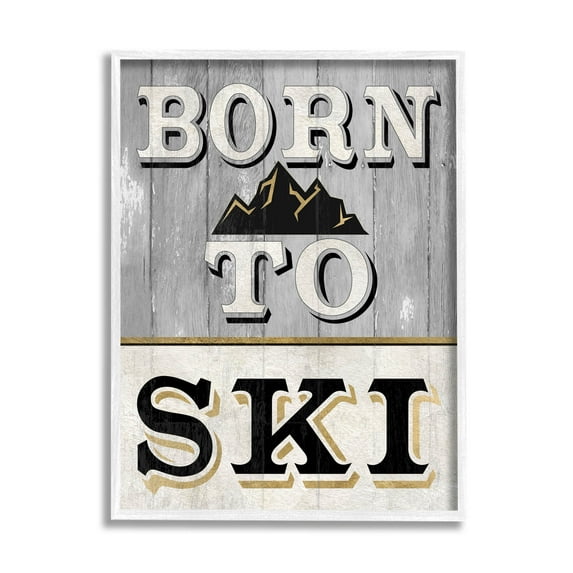 Stupell Industries Born To Ski Mountain Sign Graphic Art White Framed Art Print Wall Art, Design by Livi Finn