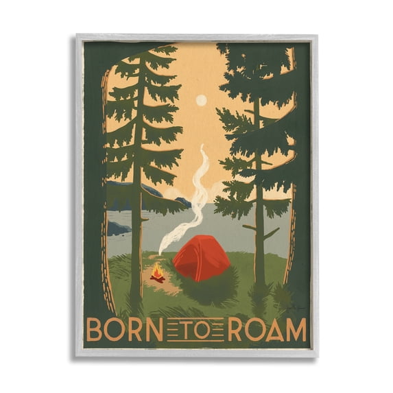 Stupell Industries Born to Roam Phrase Rustic Forest Camping Tent Inspirational Painting Gray Framed Art Print Wall Art, 16 x 20
