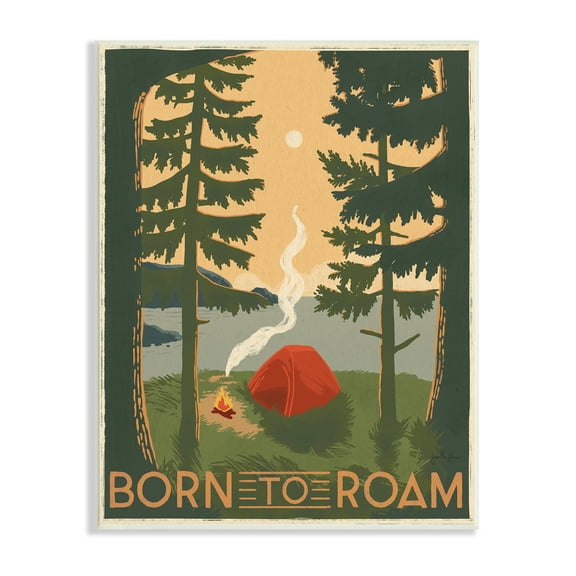 Stupell Industries Born to Roam Phrase Rustic Forest Camping Tent Inspirational Painting Unframed Art Print Wall Art, 13 x 19