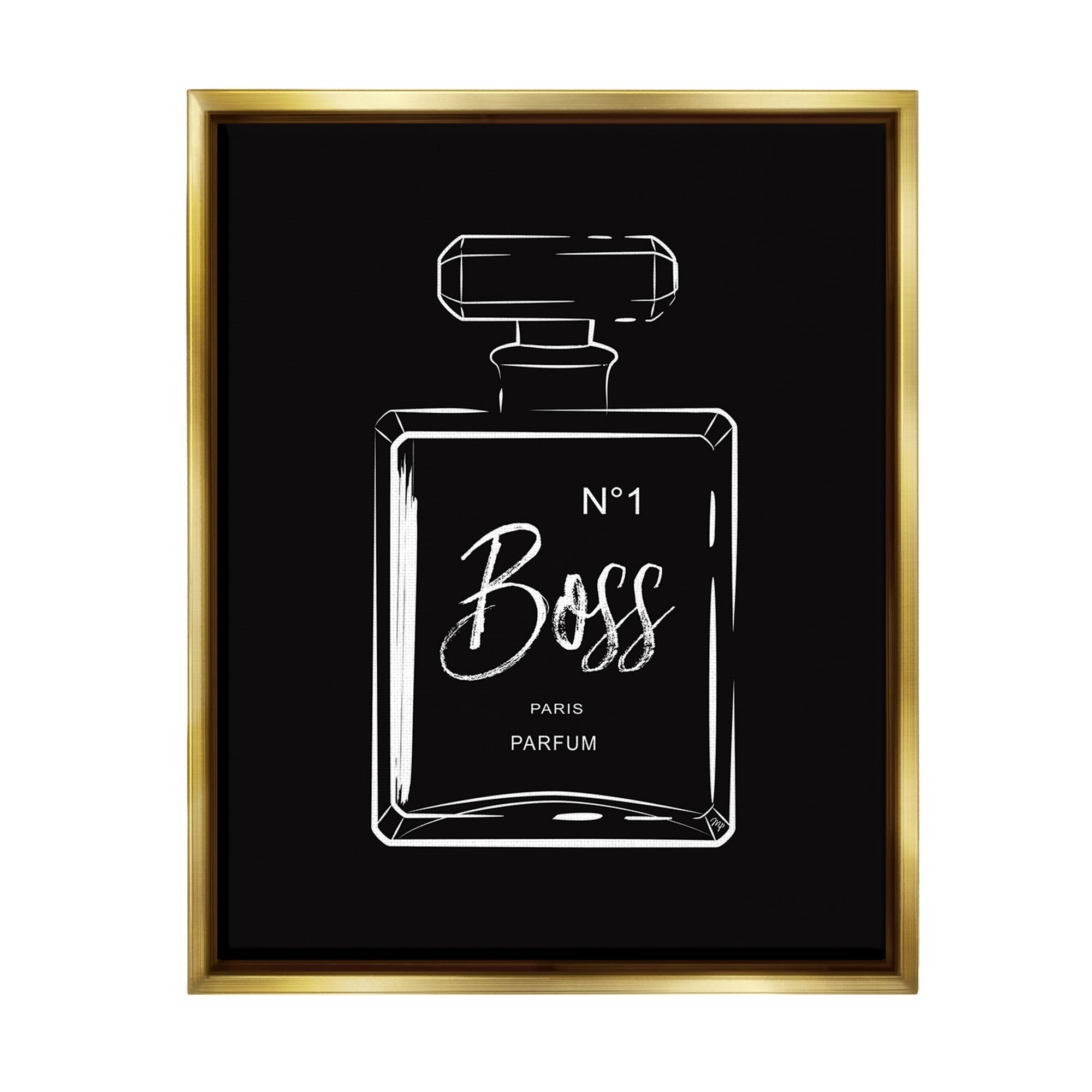 Stupell Industries Boss Perfume on Black Beauty & Fashion Painting Gold Floater Framed Canvas Art Print Wall Art, 17 x 21