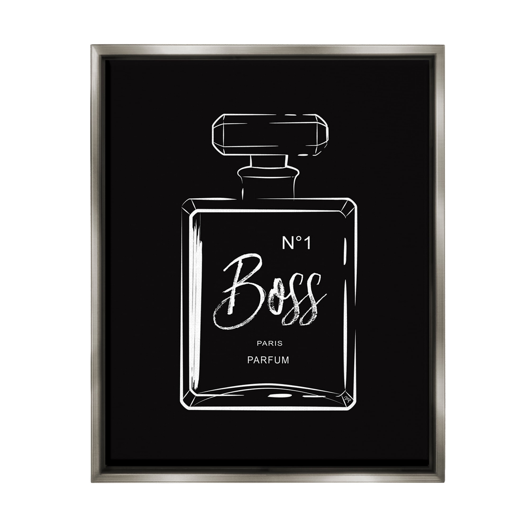 Stupell Industries Boss Perfume on Black Beauty & Fashion Painting Gray Floater Framed Canvas Art Print Wall Art, 25 x 31